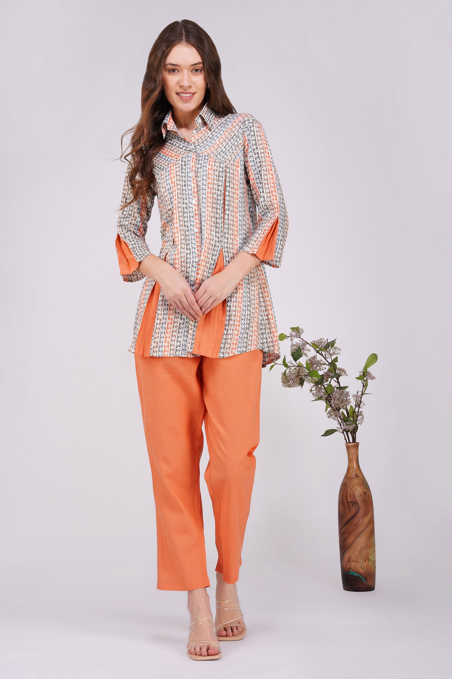 Orange Floral Shirt Co-ord Set โ Contrast Panel Top with Solid Pants