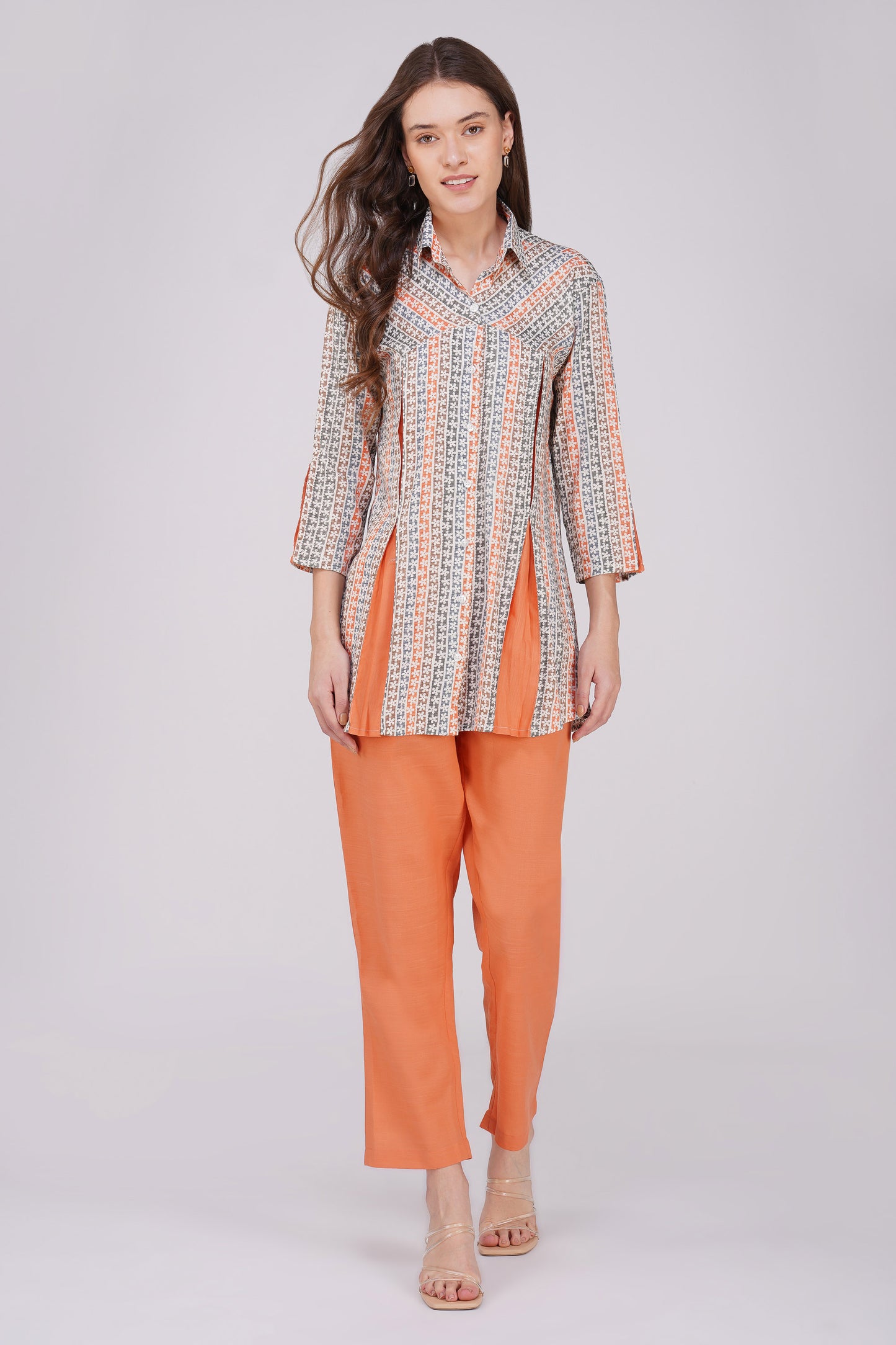 Orange Floral Shirt Co-ord Set โ Contrast Panel Top with Solid Pants