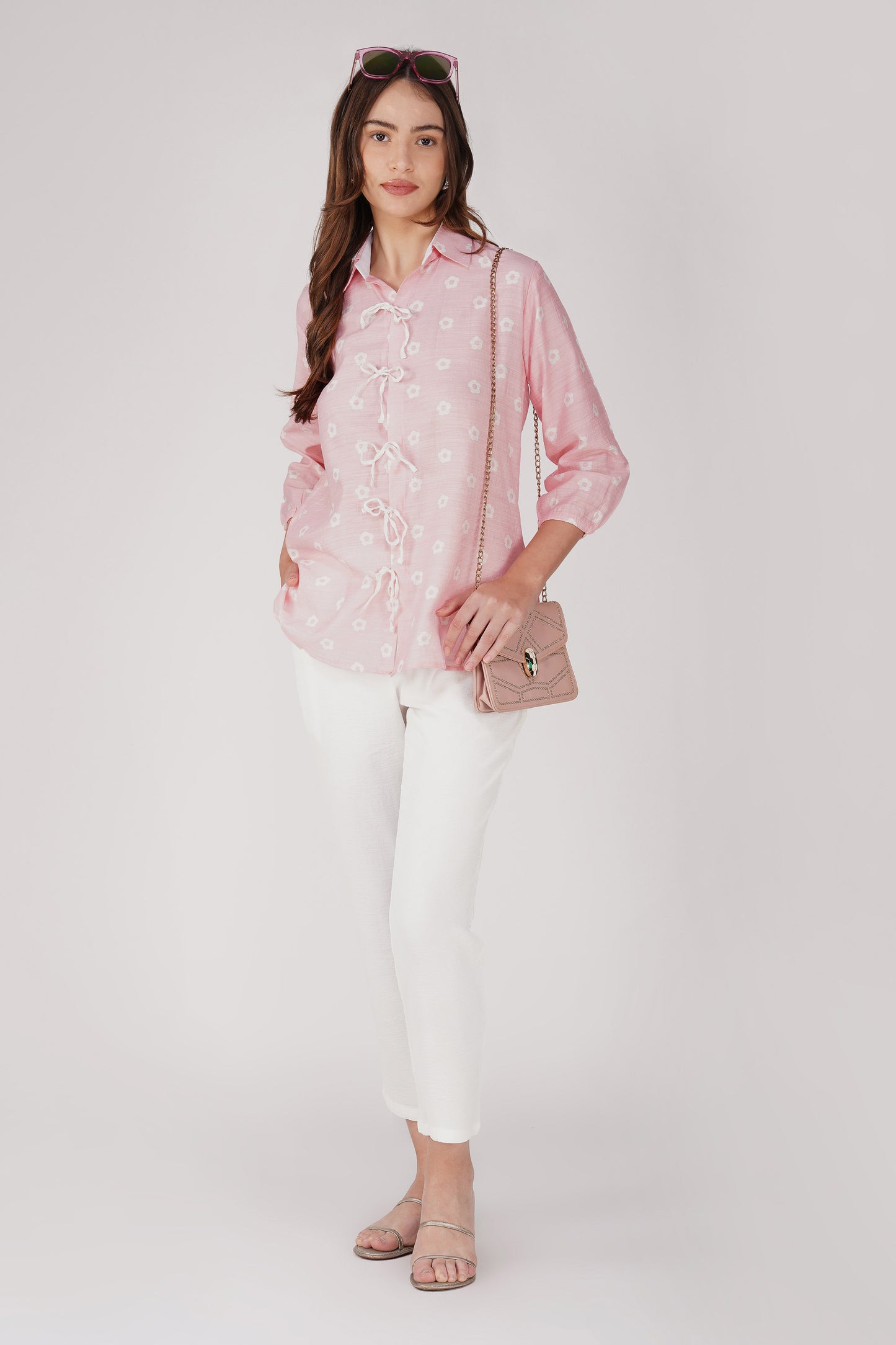 Pastel Pink Tie-Up Floral Shirt Co-ord β with White CEY Pants