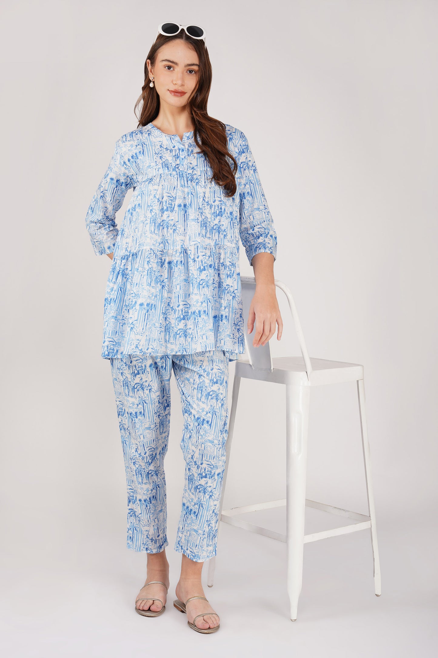 Indigo Tiered Peplum Co-ord Set β Cotton Tunic with Printed Pants