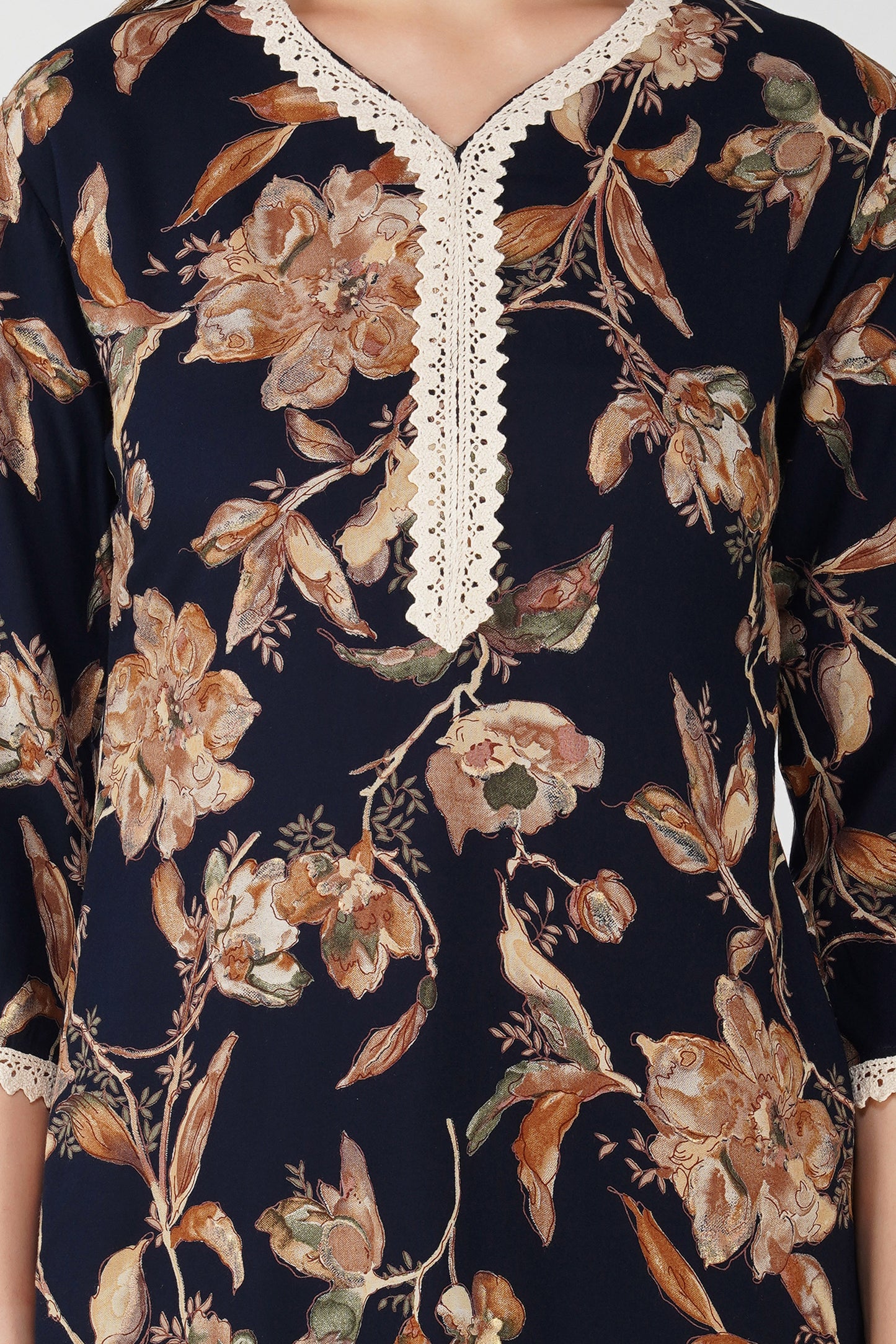 Navy Foliage Co-ord Set – Leaf Print Tunic with Matching Palazzos
