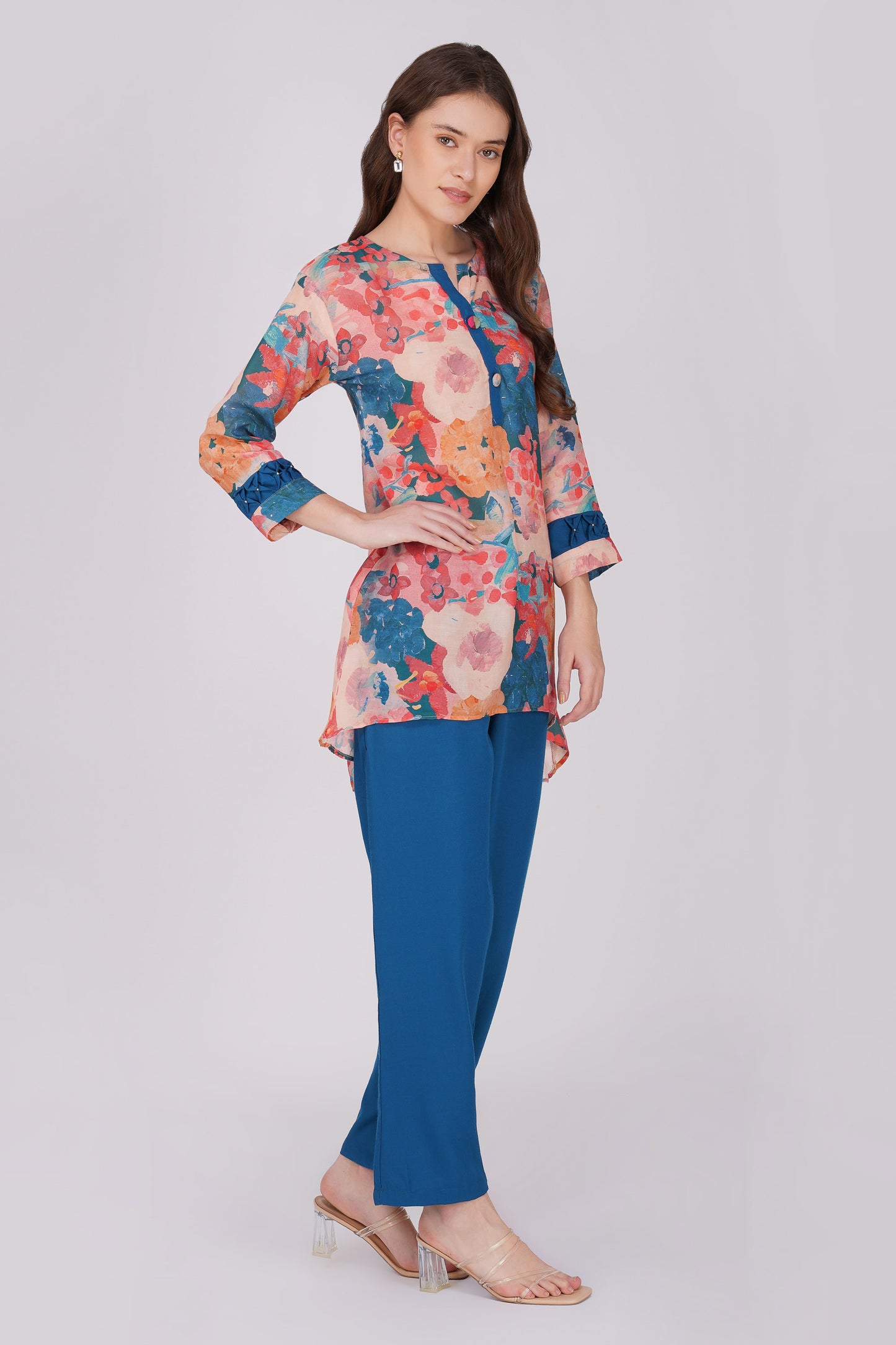 Peacock Abstract Tunic Co-ord Set β Pleated Sleeve Top with Solid Pants