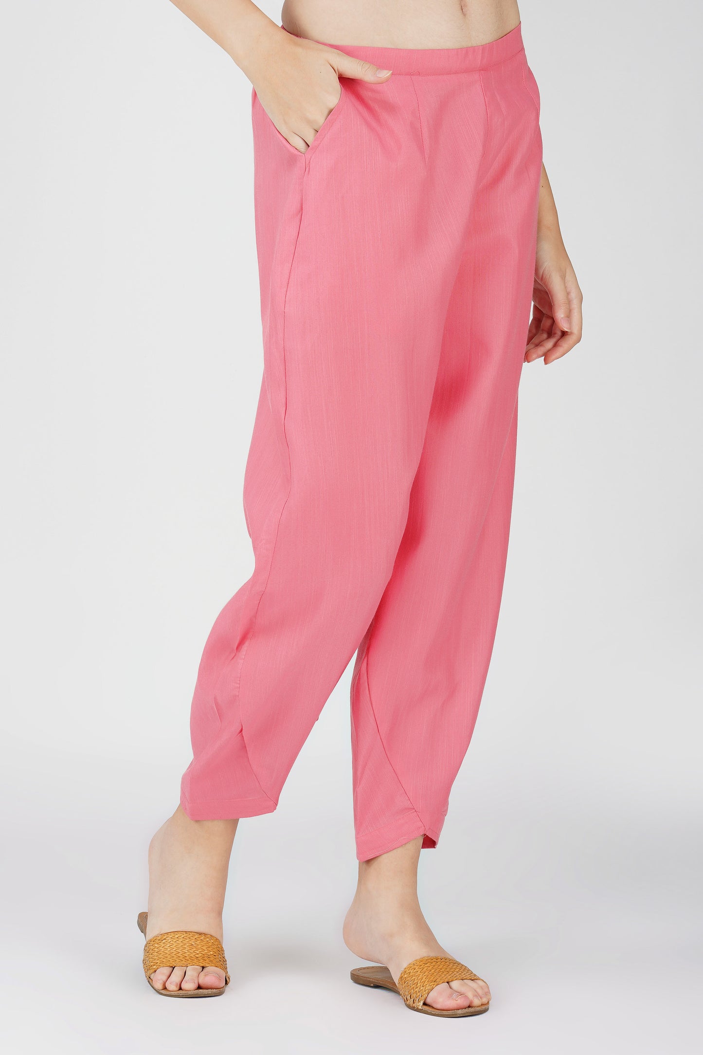 Pink Handloom Kurta Set β Beaded Neckline with Afghani Pants