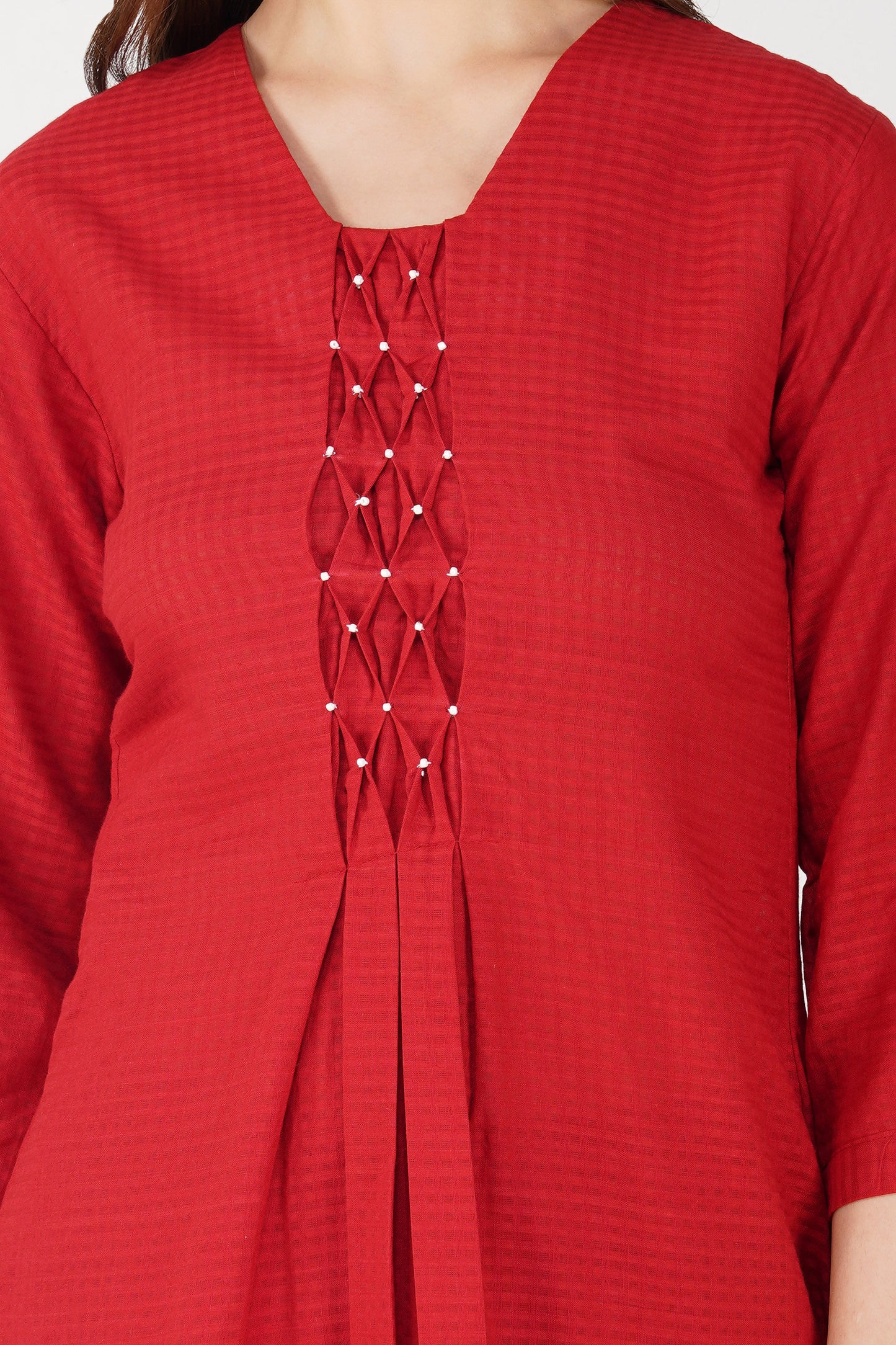 Maroon Handloom Kurta Set β Beaded Neckline with Afghani Pants
