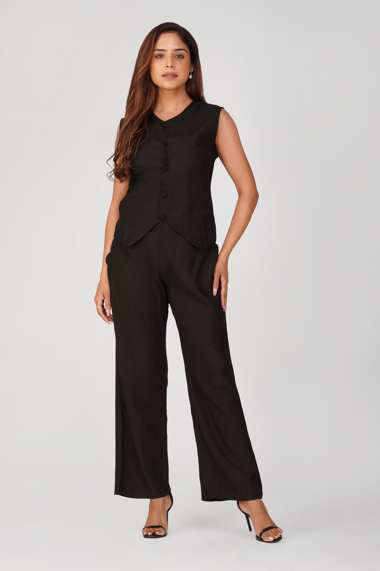 Karma Vest Co-ord Set – Black Silk Linen Western Casual Wear | Bindigasm