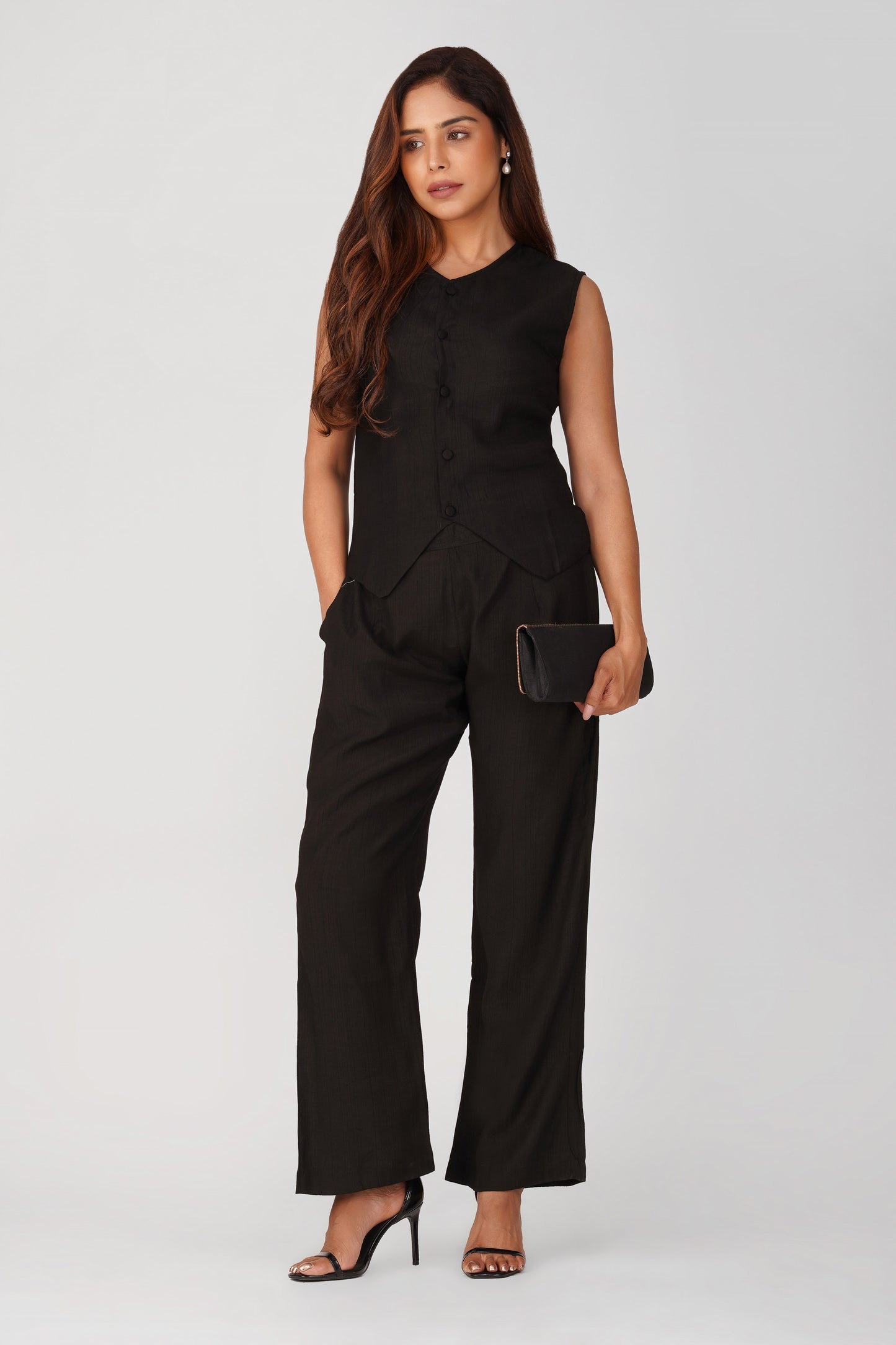 Karma Vest Co-ord Set – Black Silk Linen Western Casual Wear | Bindigasm