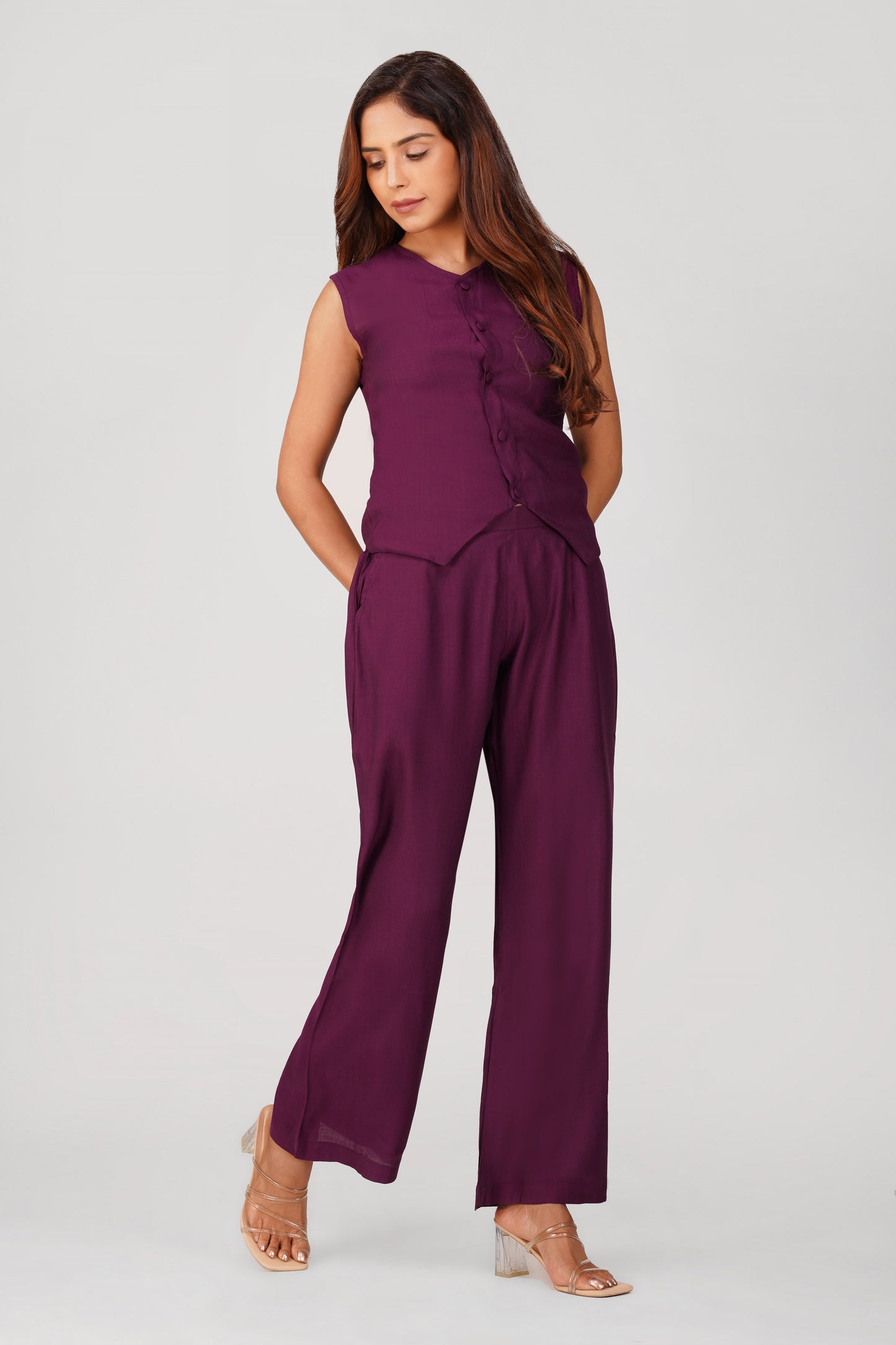 Karma Vest Co-ord Set – Purple Silk Linen Western Casual Wear | Bindigasm