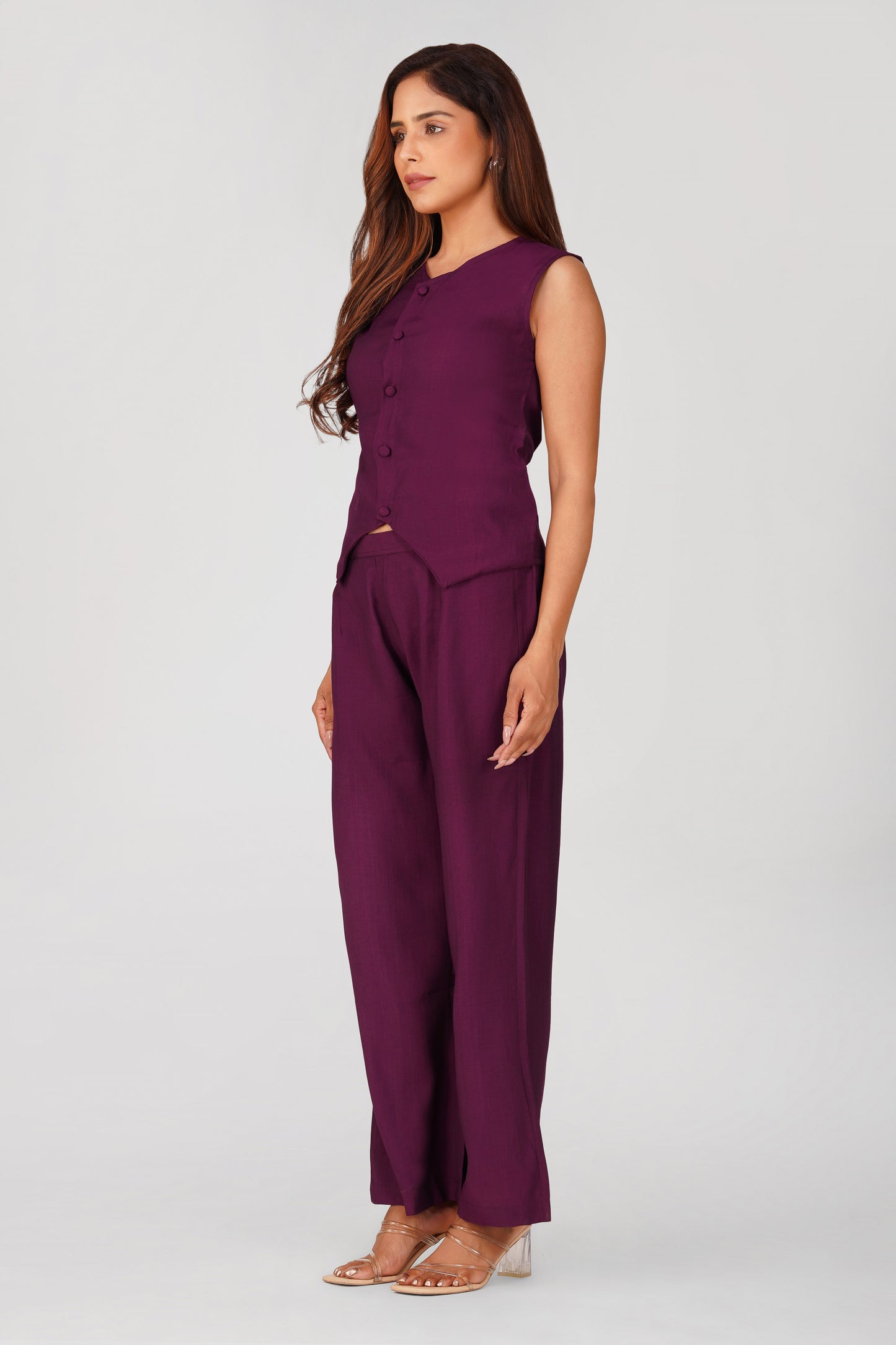 Karma Vest Co-ord Set – Purple Silk Linen Western Casual Wear | Bindigasm