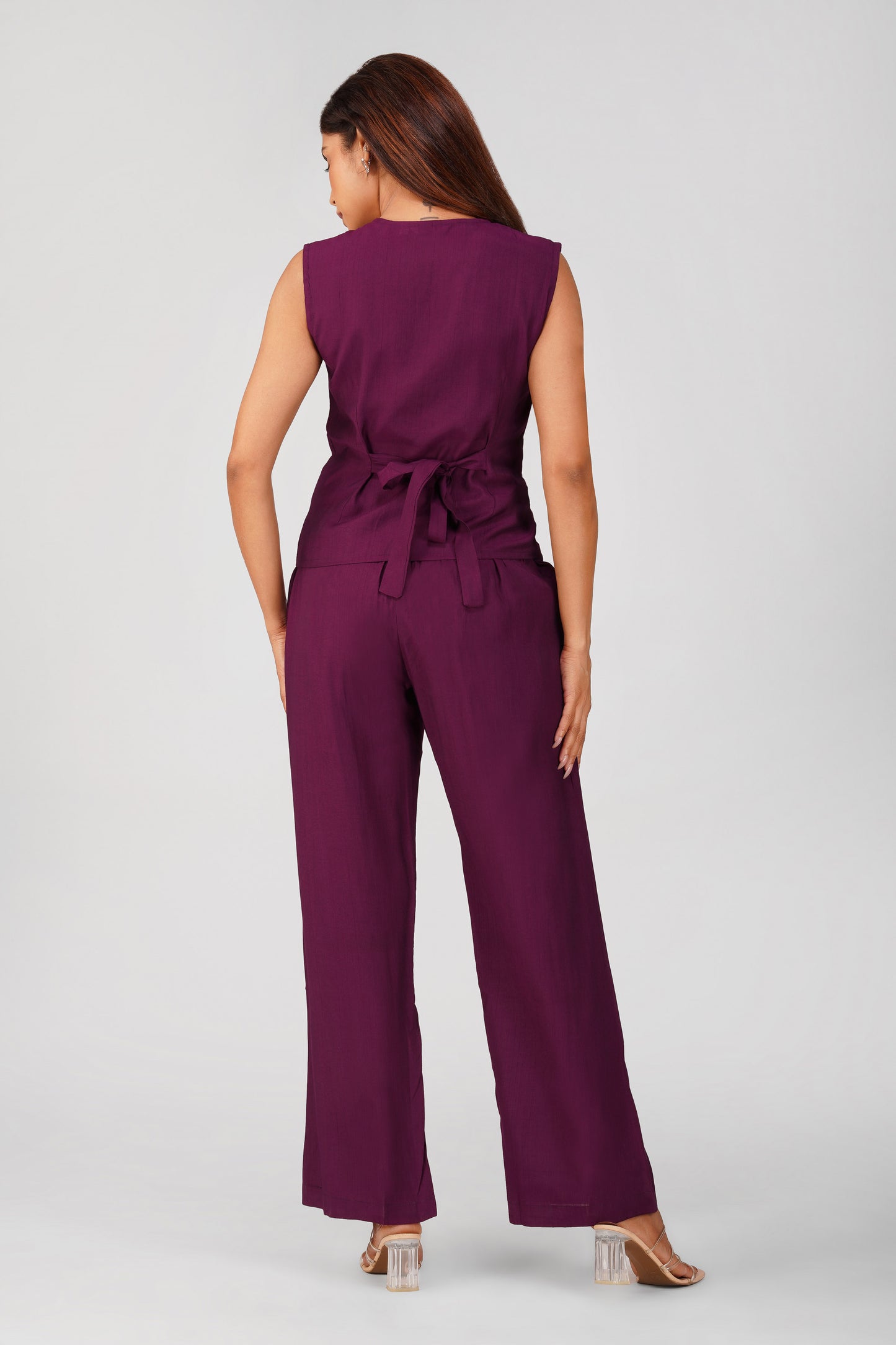 Karma Vest Co-ord Set – Purple Silk Linen Western Casual Wear | Bindigasm