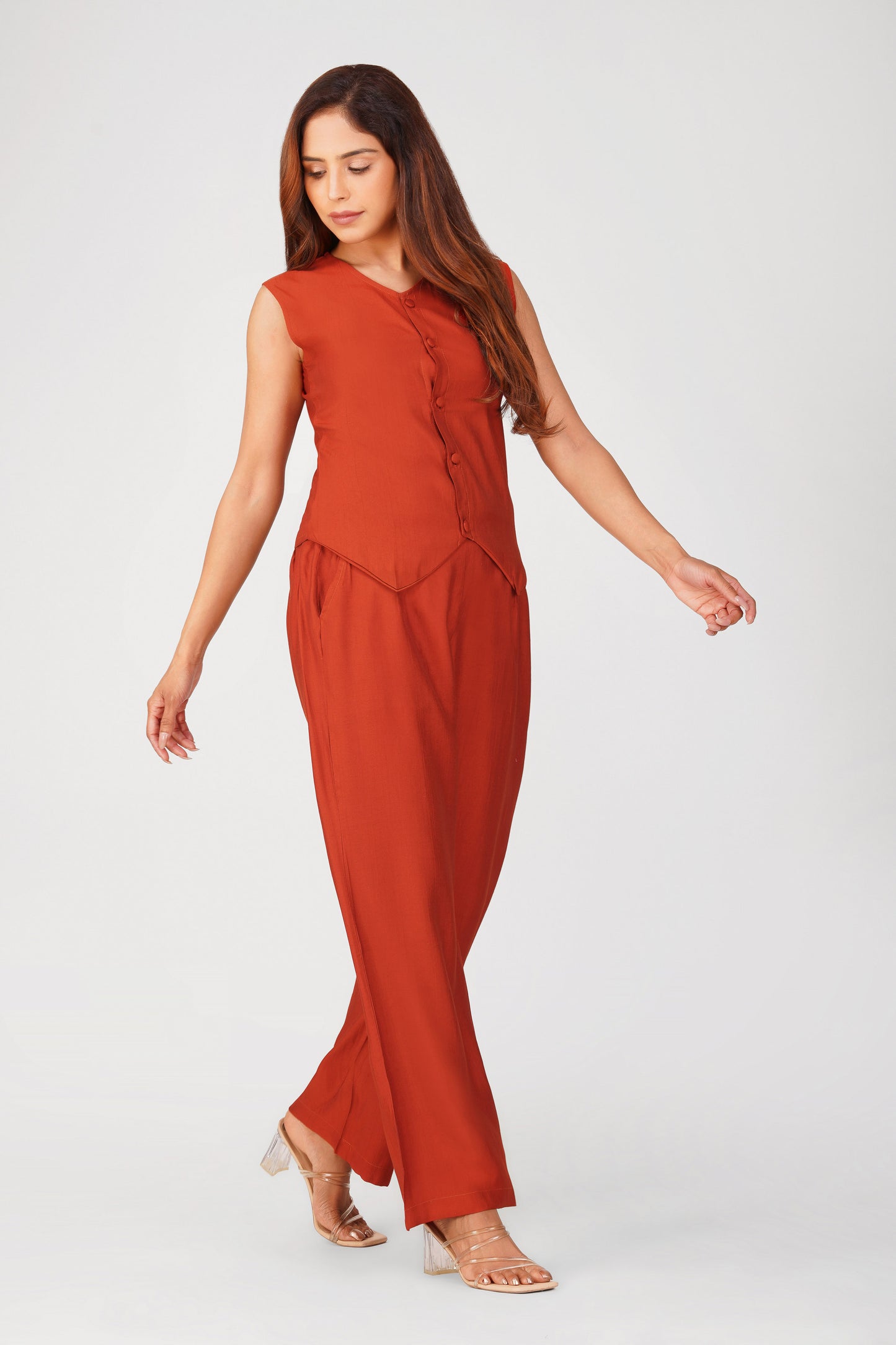 Karma Vest Co-ord Set – Rust Orange Silk Linen Western Casual Wear | Bindigasm