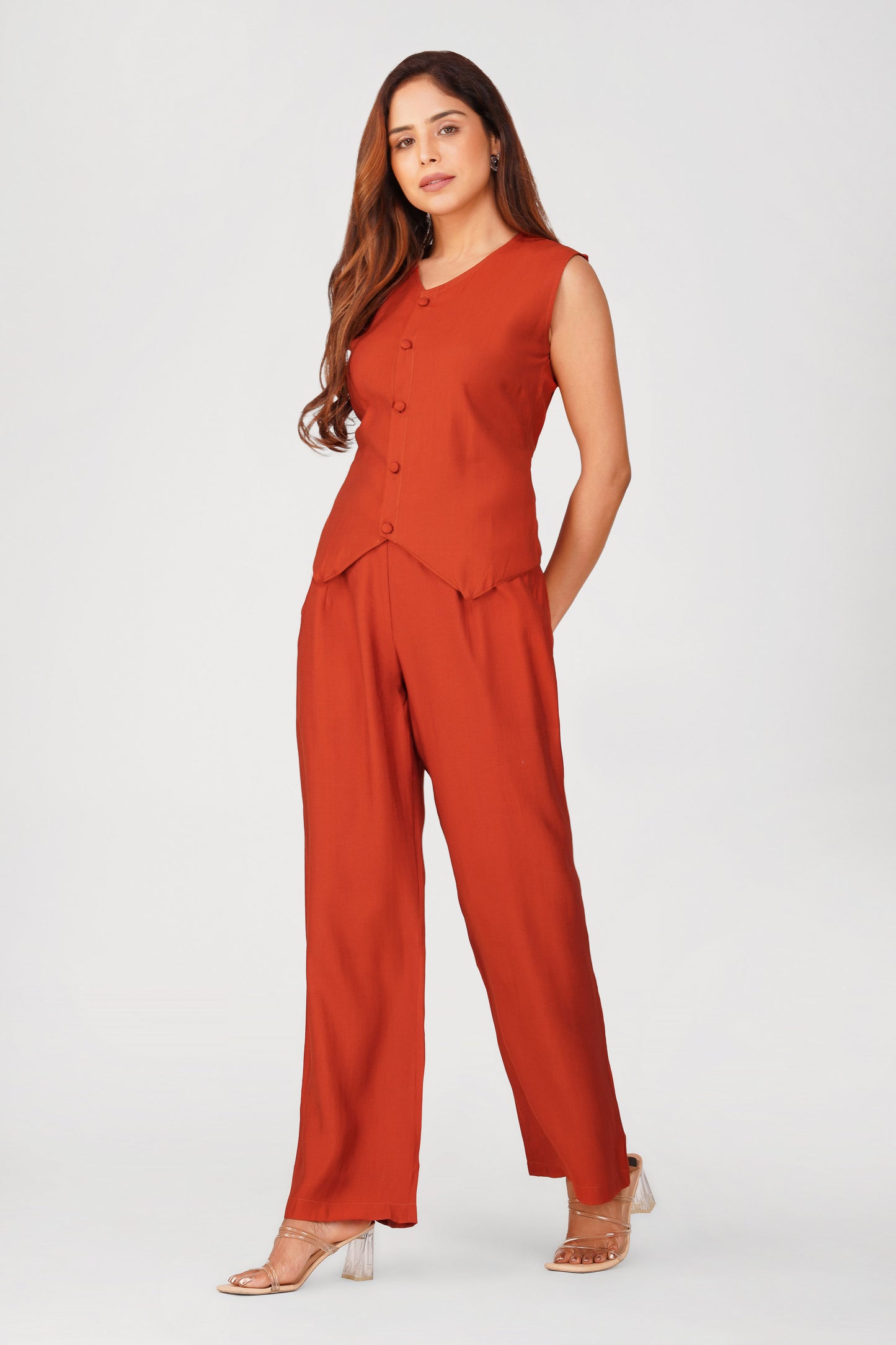 Karma Vest Co-ord Set – Rust Orange Silk Linen Western Casual Wear | Bindigasm