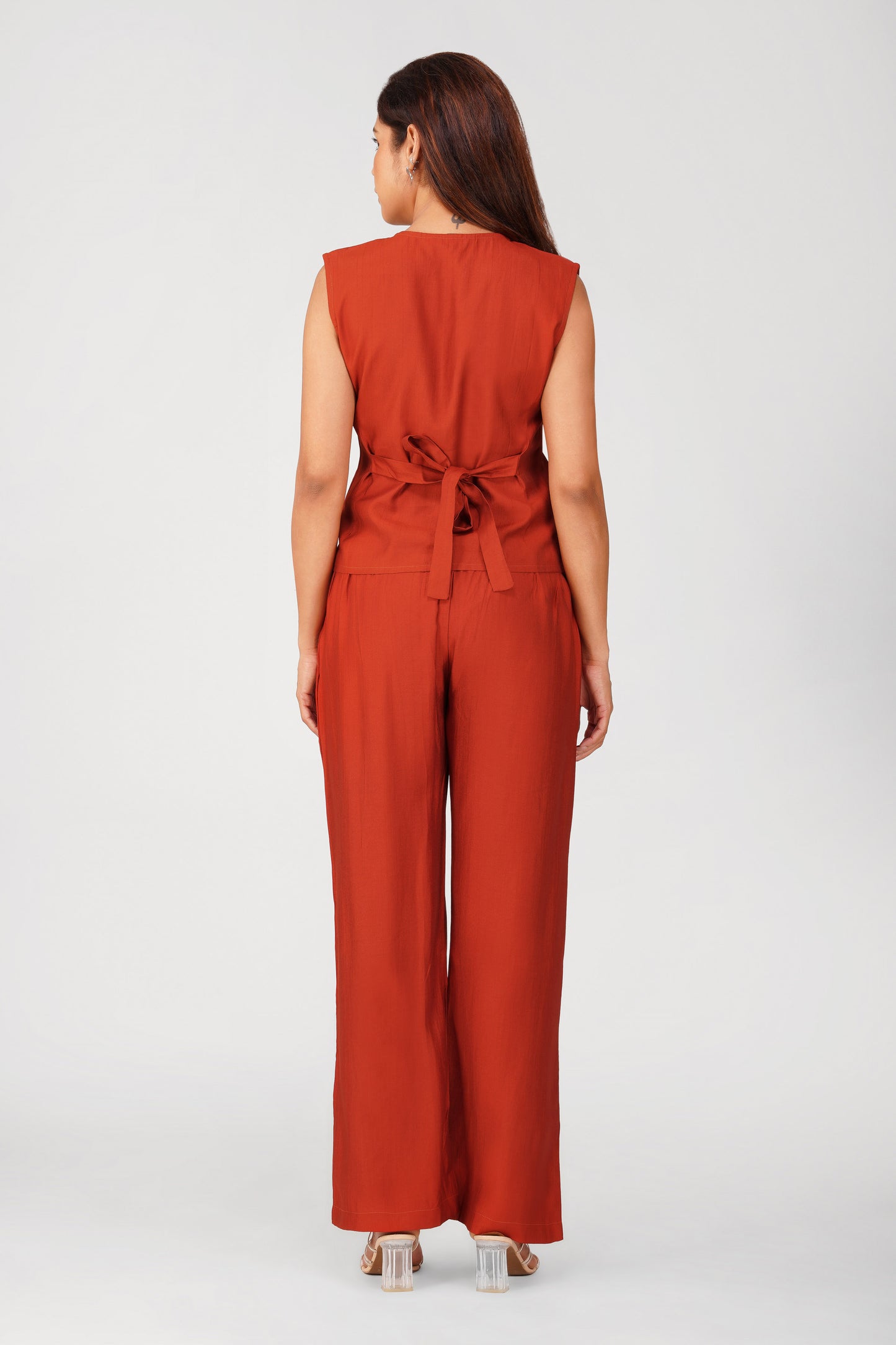 Karma Vest Co-ord Set – Rust Orange Silk Linen Western Casual Wear | Bindigasm