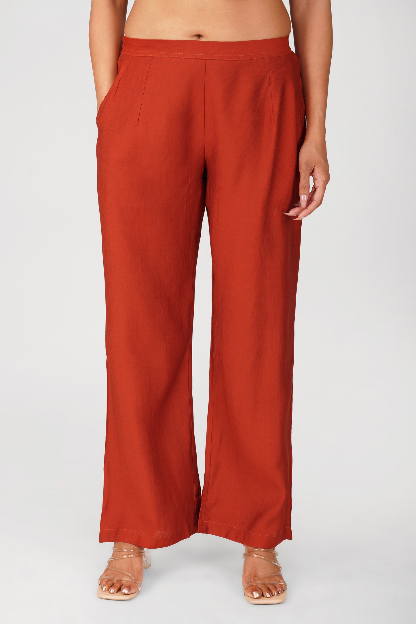 Karma Vest Co-ord Set – Rust Orange Silk Linen Western Casual Wear | Bindigasm