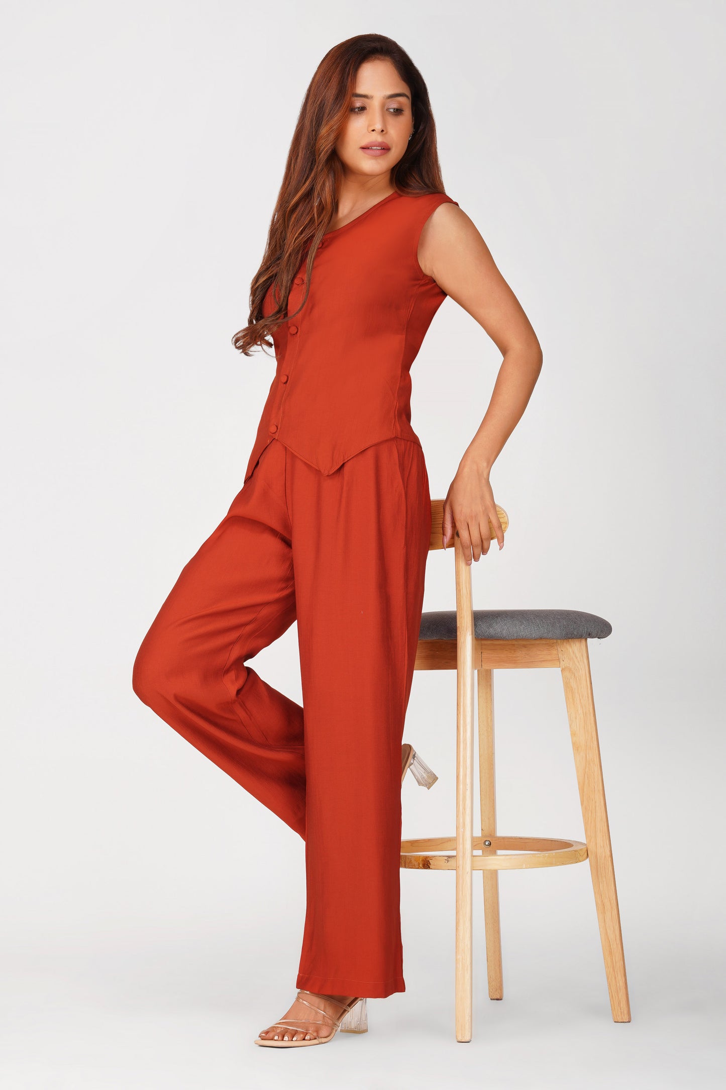 Karma Vest Co-ord Set – Rust Orange Silk Linen Western Casual Wear | Bindigasm