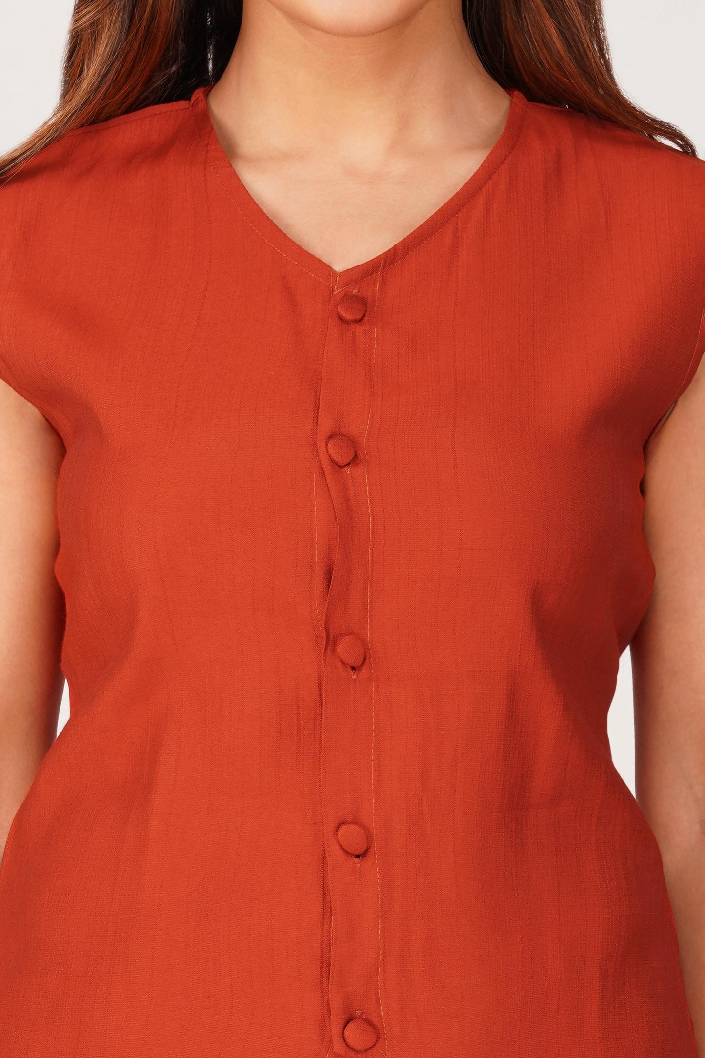 Karma Vest Co-ord Set – Rust Orange Silk Linen Western Casual Wear | Bindigasm