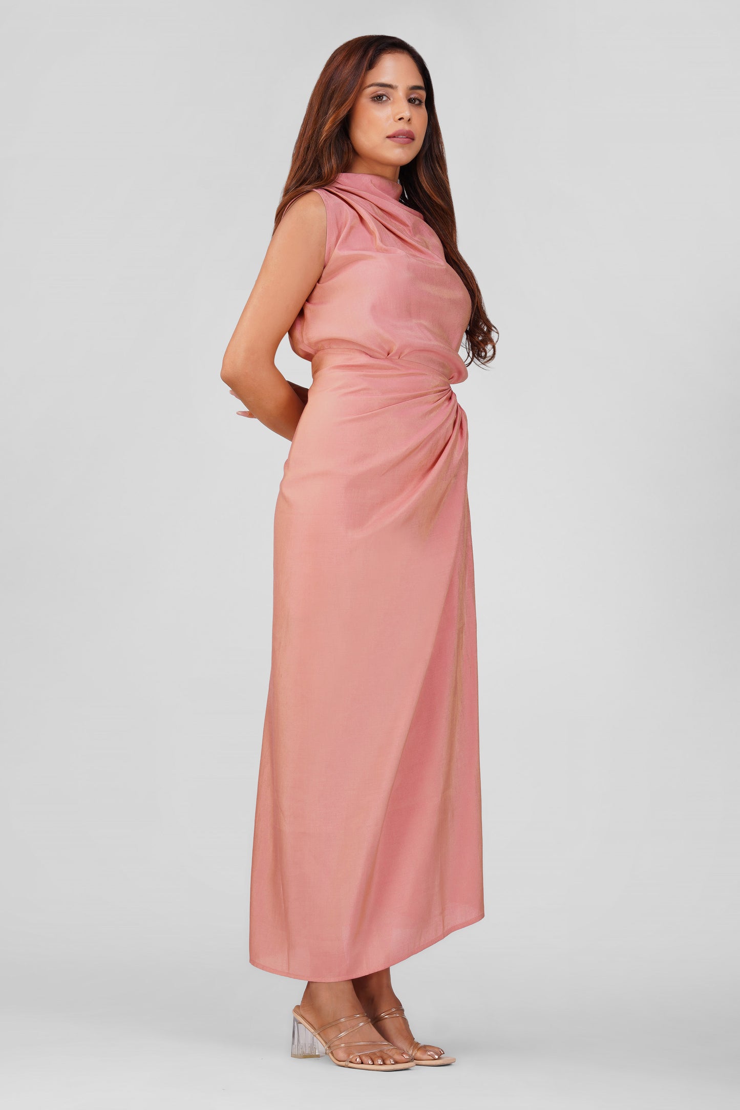 Malaika Shimmering Cowl Drape Coord Set – Soft Pink | Bindigasm