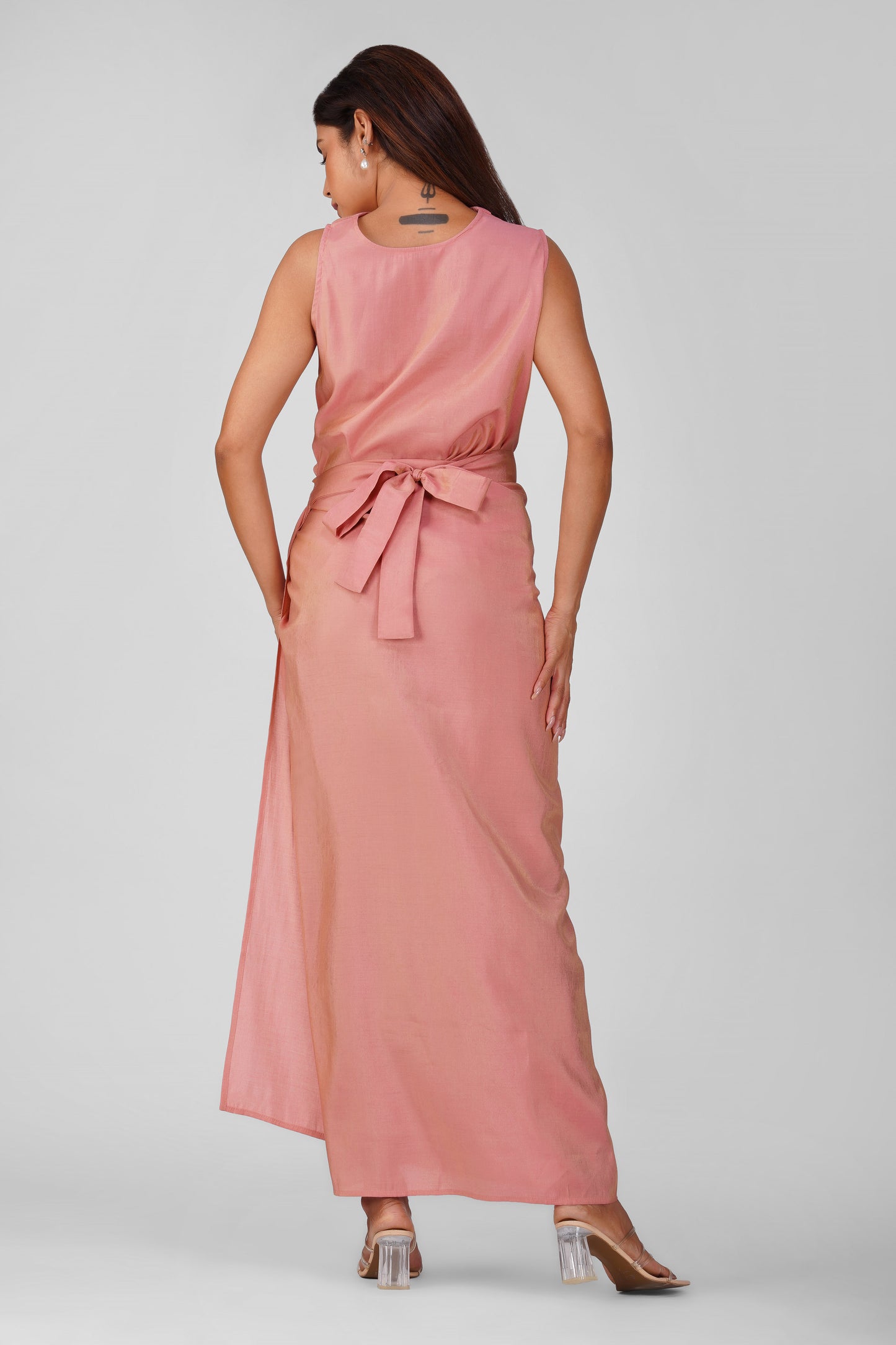 Malaika Shimmering Cowl Drape Coord Set – Soft Pink | Bindigasm