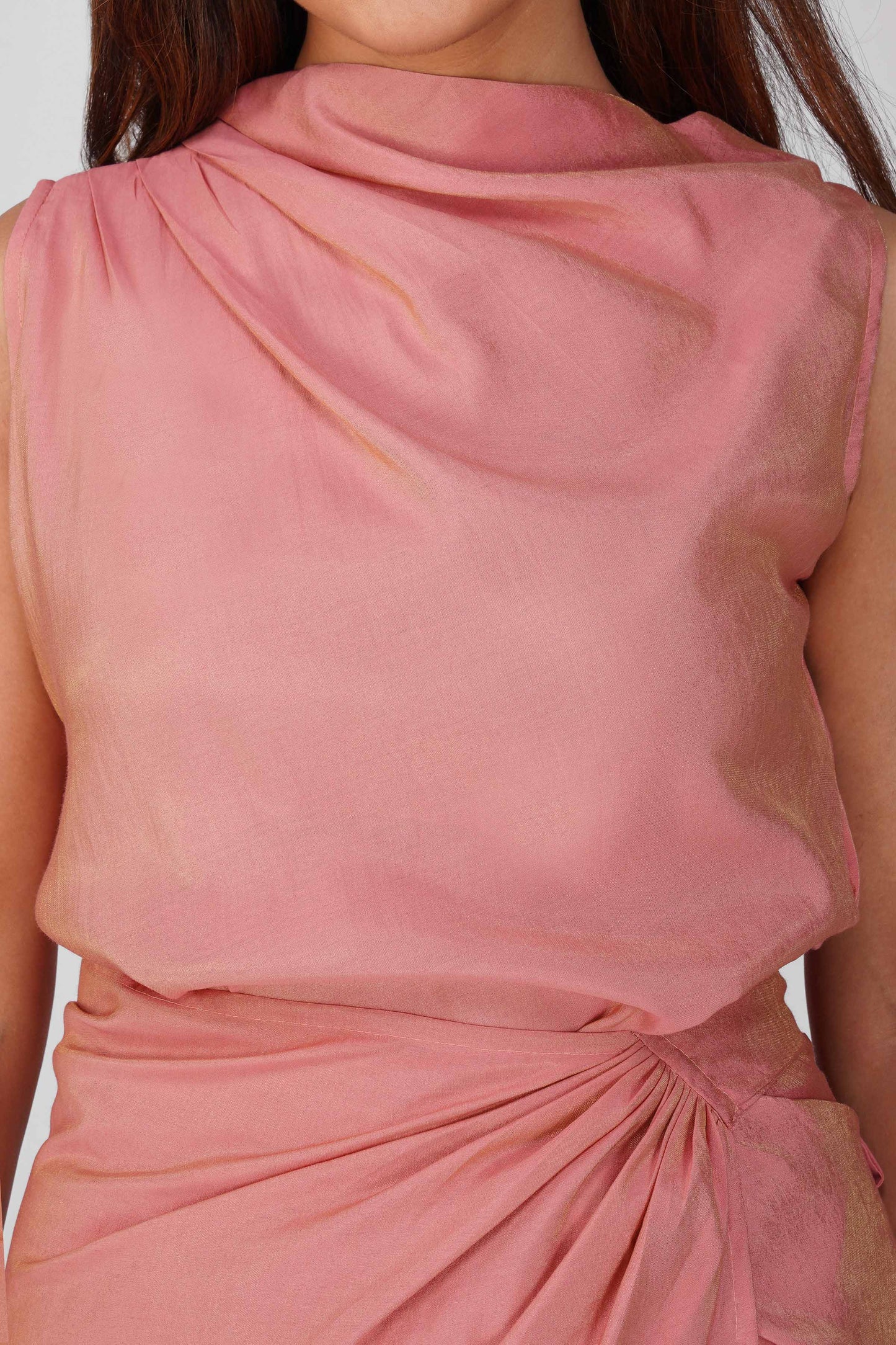 Malaika Shimmering Cowl Drape Coord Set – Soft Pink | Bindigasm
