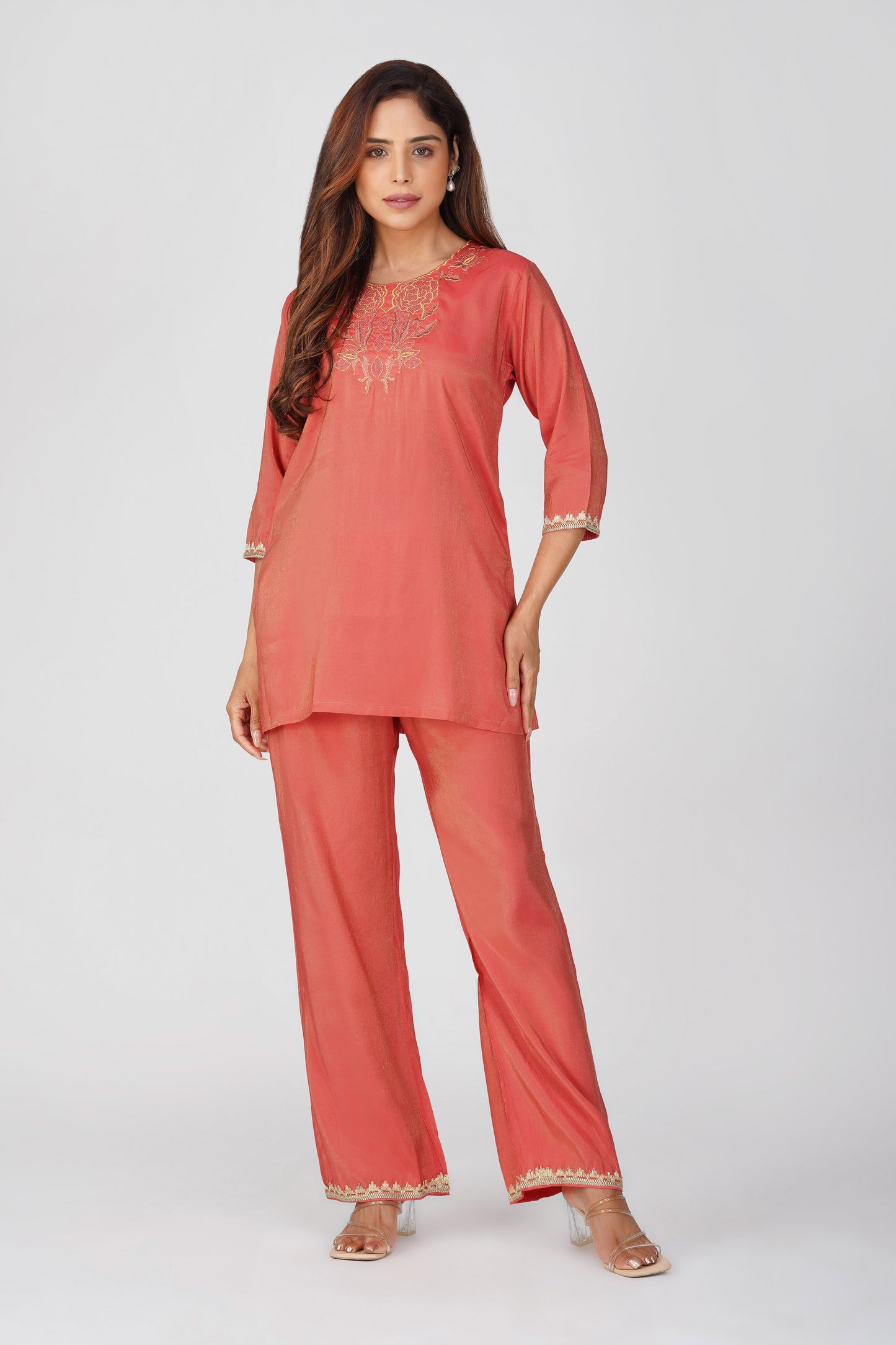 Mira Fusion Embroidered Shimmer Coord Set – Metallic Peach | Bindigasm