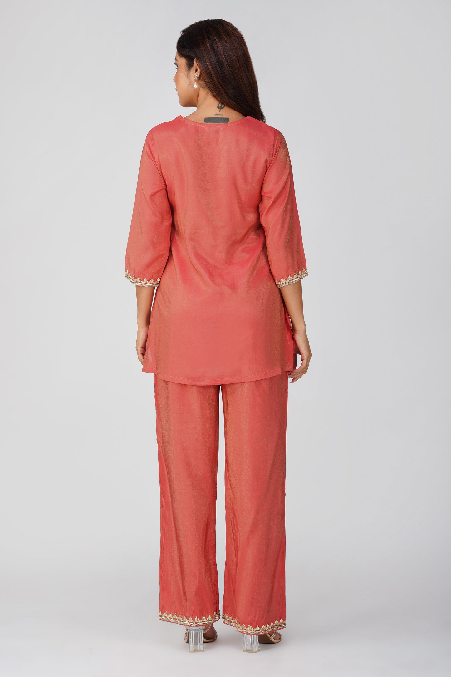 Mira Fusion Embroidered Shimmer Coord Set – Metallic Peach | Bindigasm