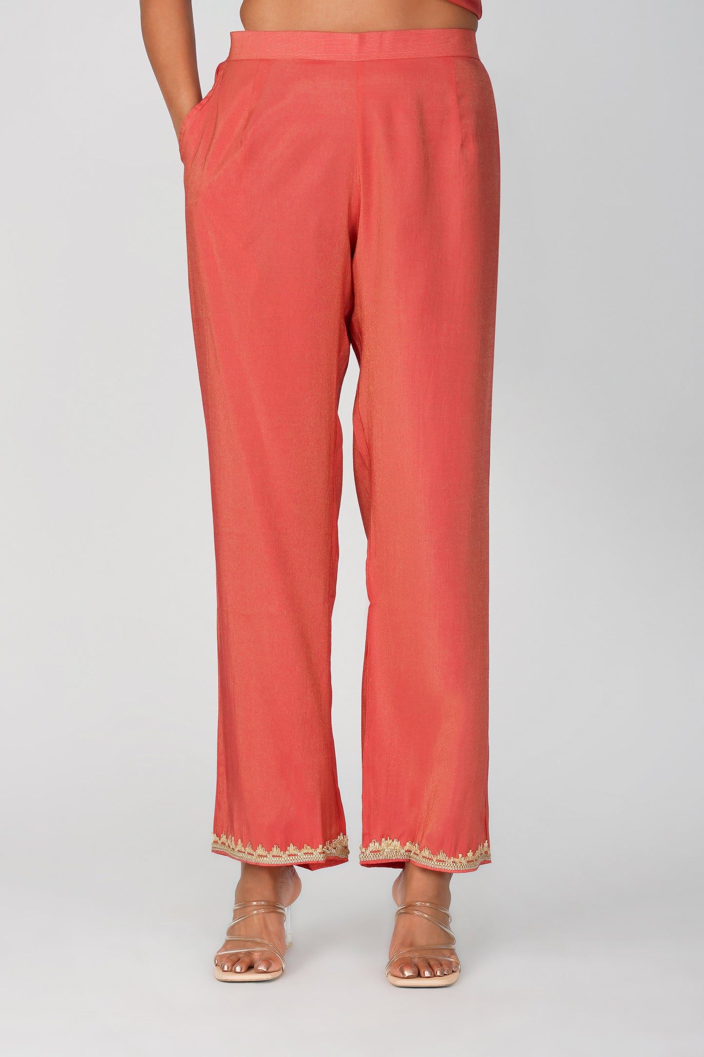 Mira Fusion Embroidered Shimmer Coord Set – Metallic Peach | Bindigasm