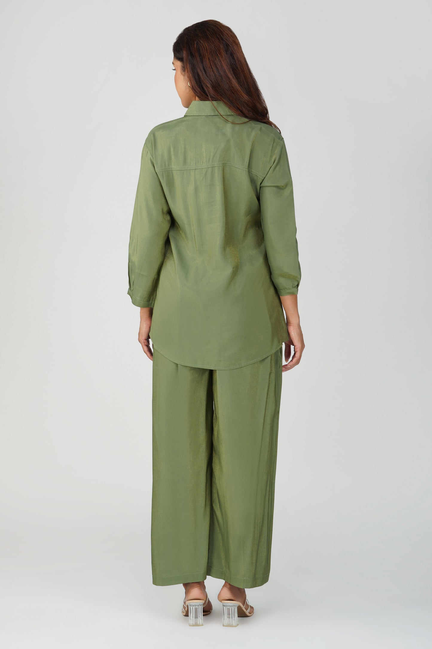 Suhani Mehendi Green Shimmer Shirt & Pants Coord Set with Handwork Yoke | Bindigasm