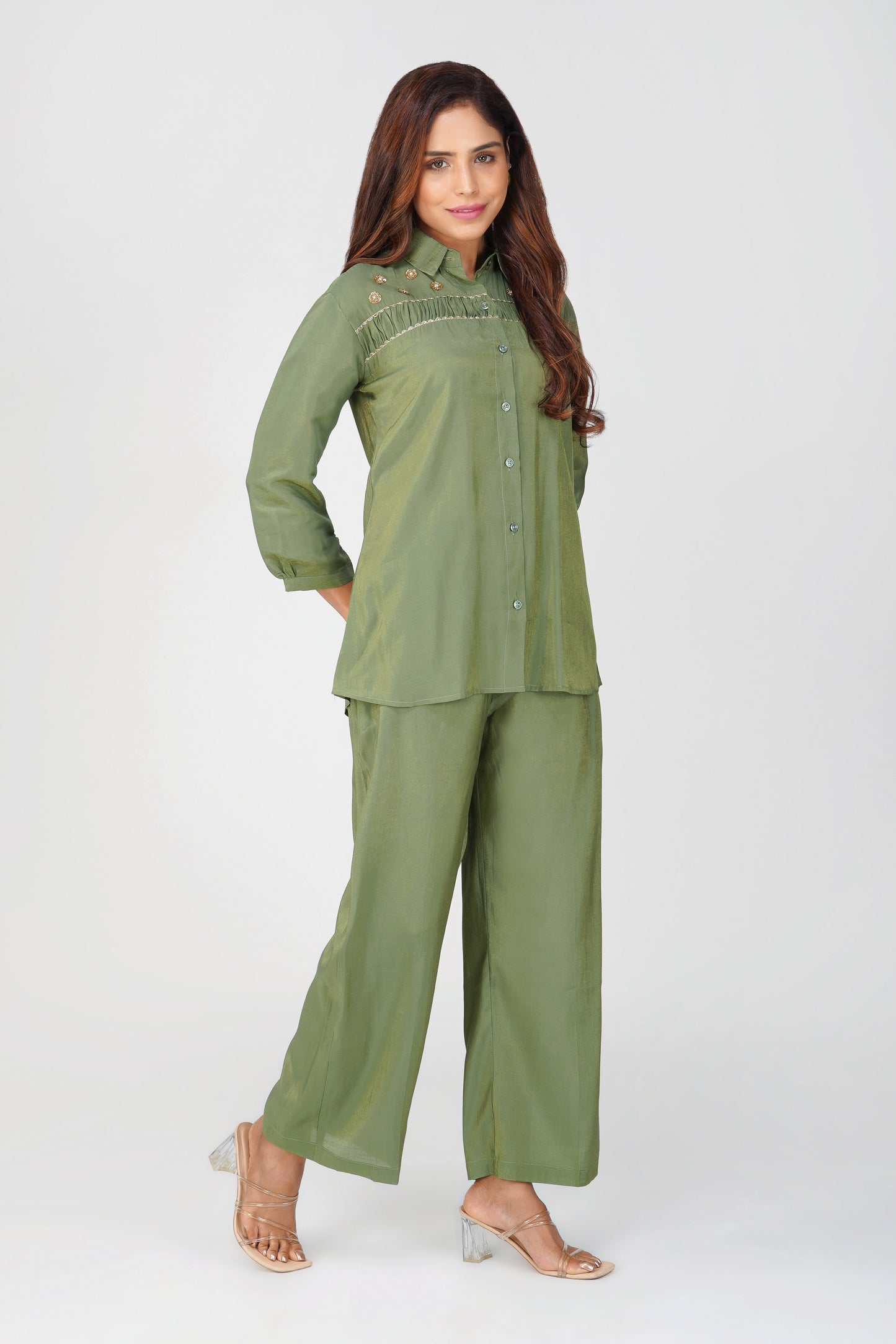 Suhani Mehendi Green Shimmer Shirt & Pants Coord Set with Handwork Yoke | Bindigasm