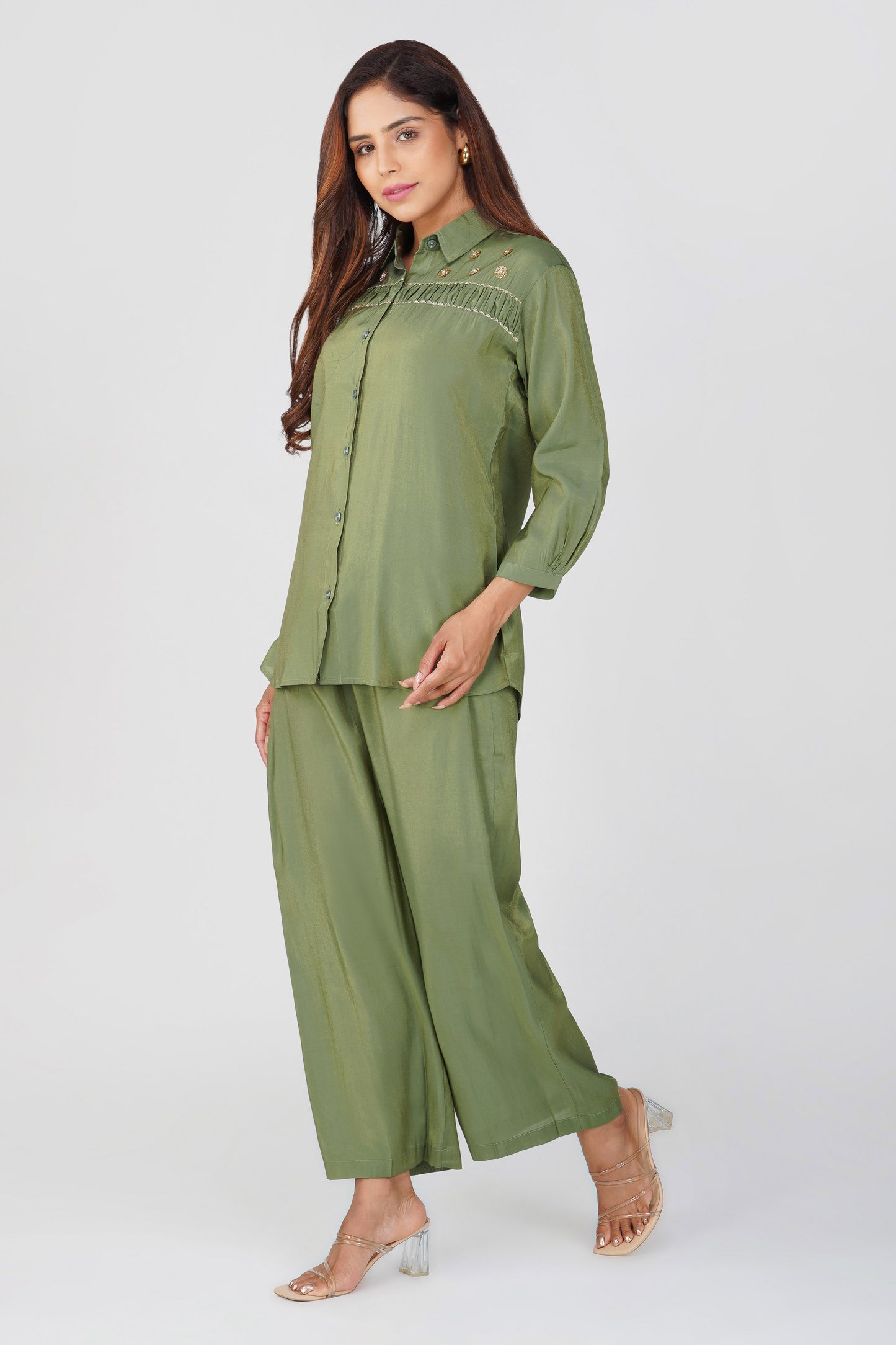 Suhani Mehendi Green Shimmer Shirt & Pants Coord Set with Handwork Yoke | Bindigasm