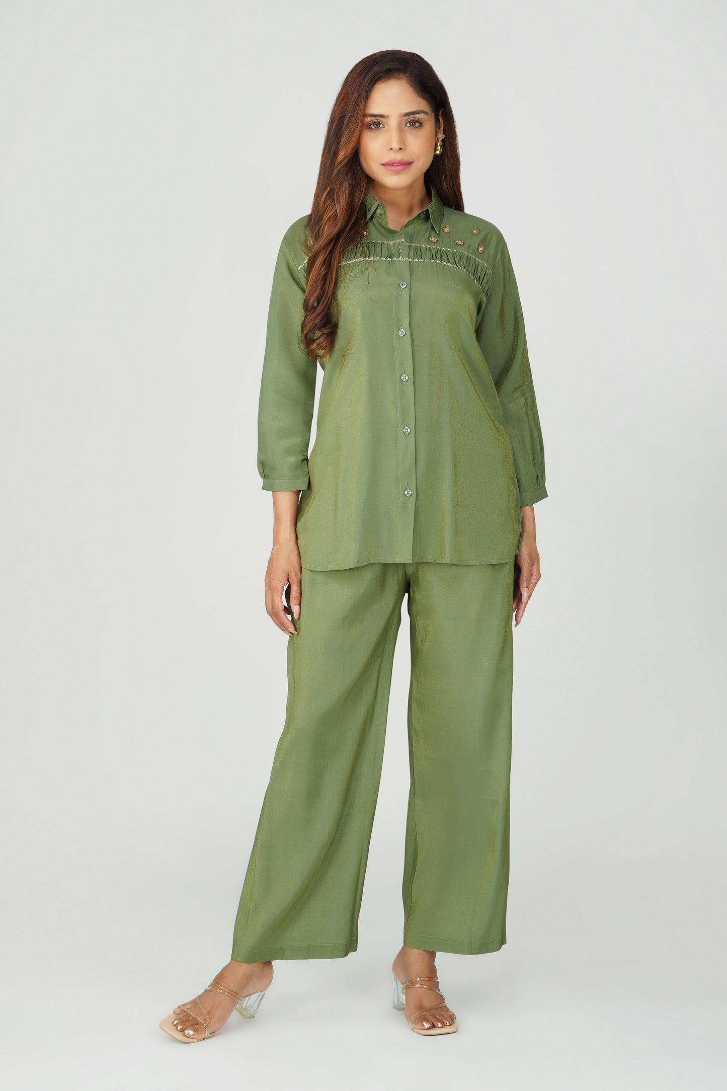 Suhani Mehendi Green Shimmer Shirt & Pants Coord Set with Handwork Yoke | Bindigasm