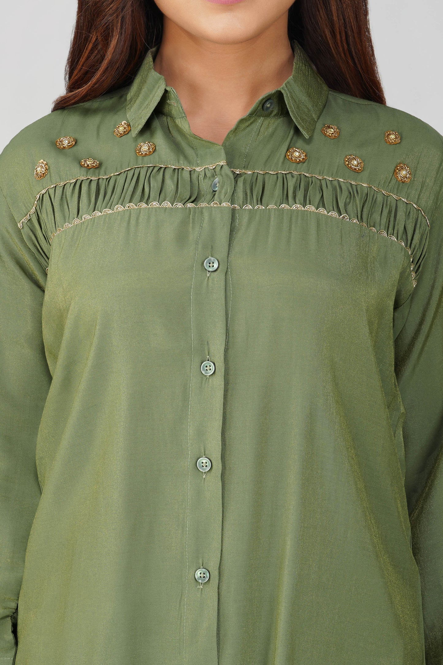 Suhani Mehendi Green Shimmer Shirt & Pants Coord Set with Handwork Yoke | Bindigasm