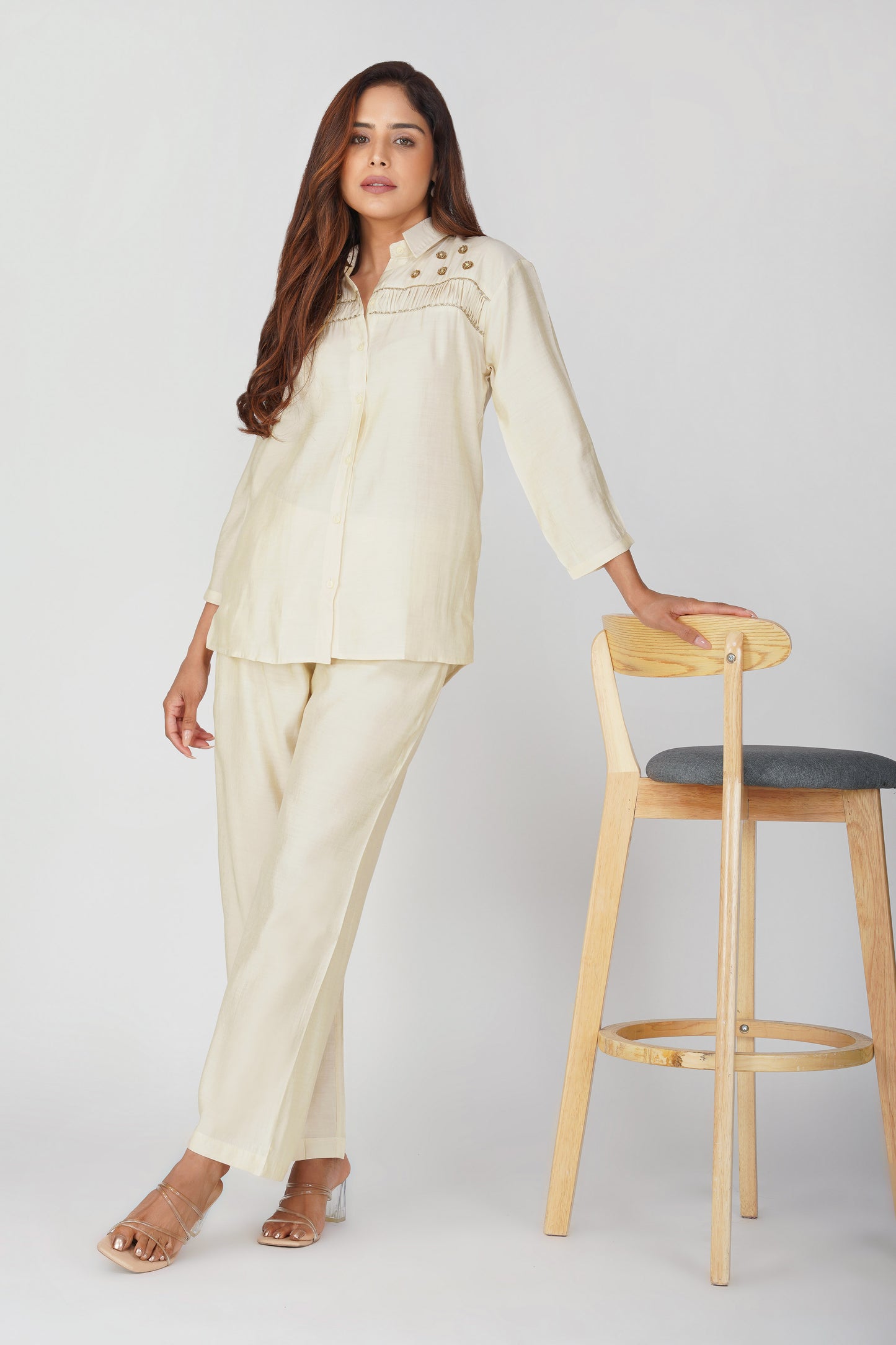 Suhani Ivory Shimmer Shirt & Pants Coord Set with Handwork Yoke | Bindigasm