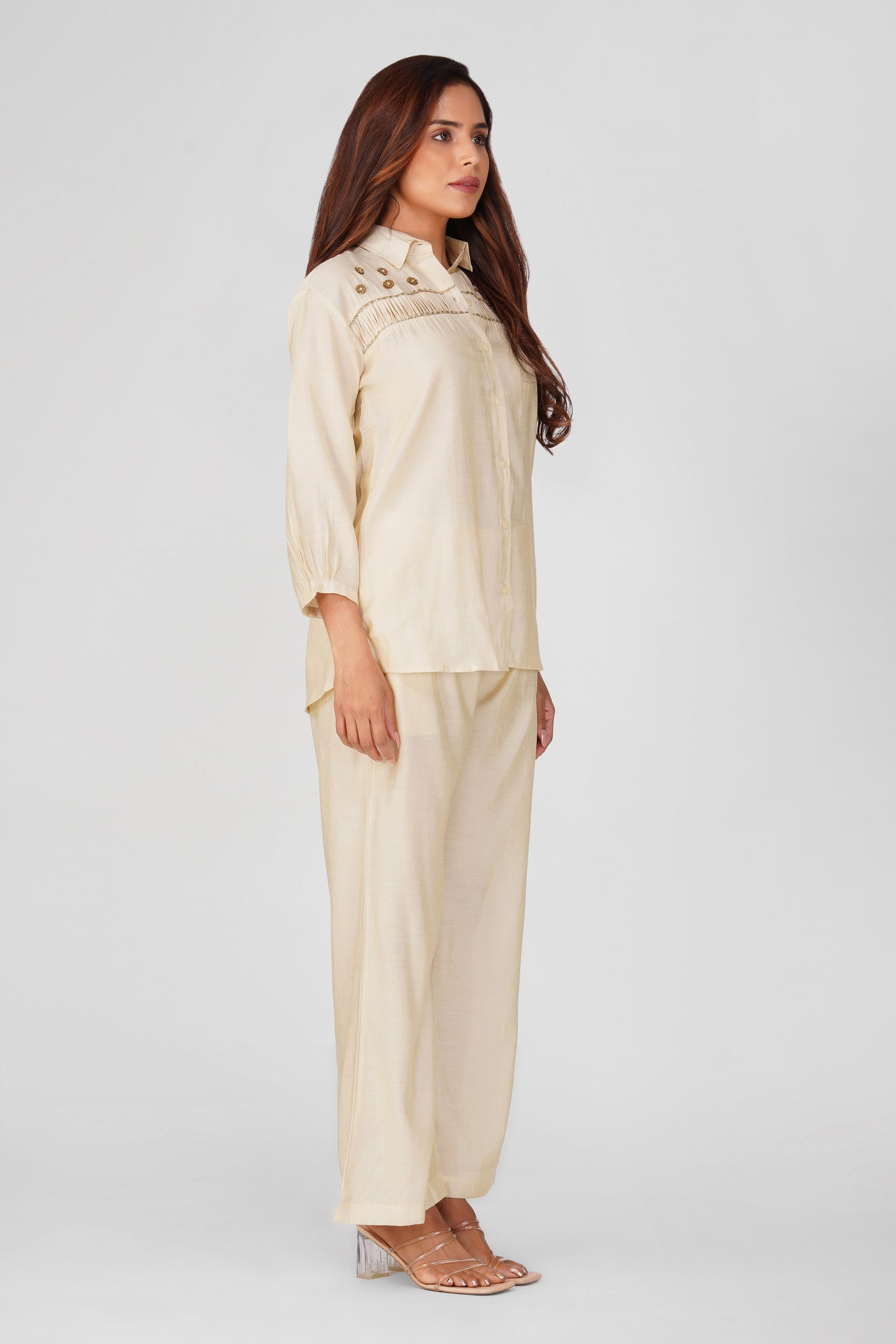 Suhani Ivory Shimmer Shirt & Pants Coord Set with Handwork Yoke | Bindigasm