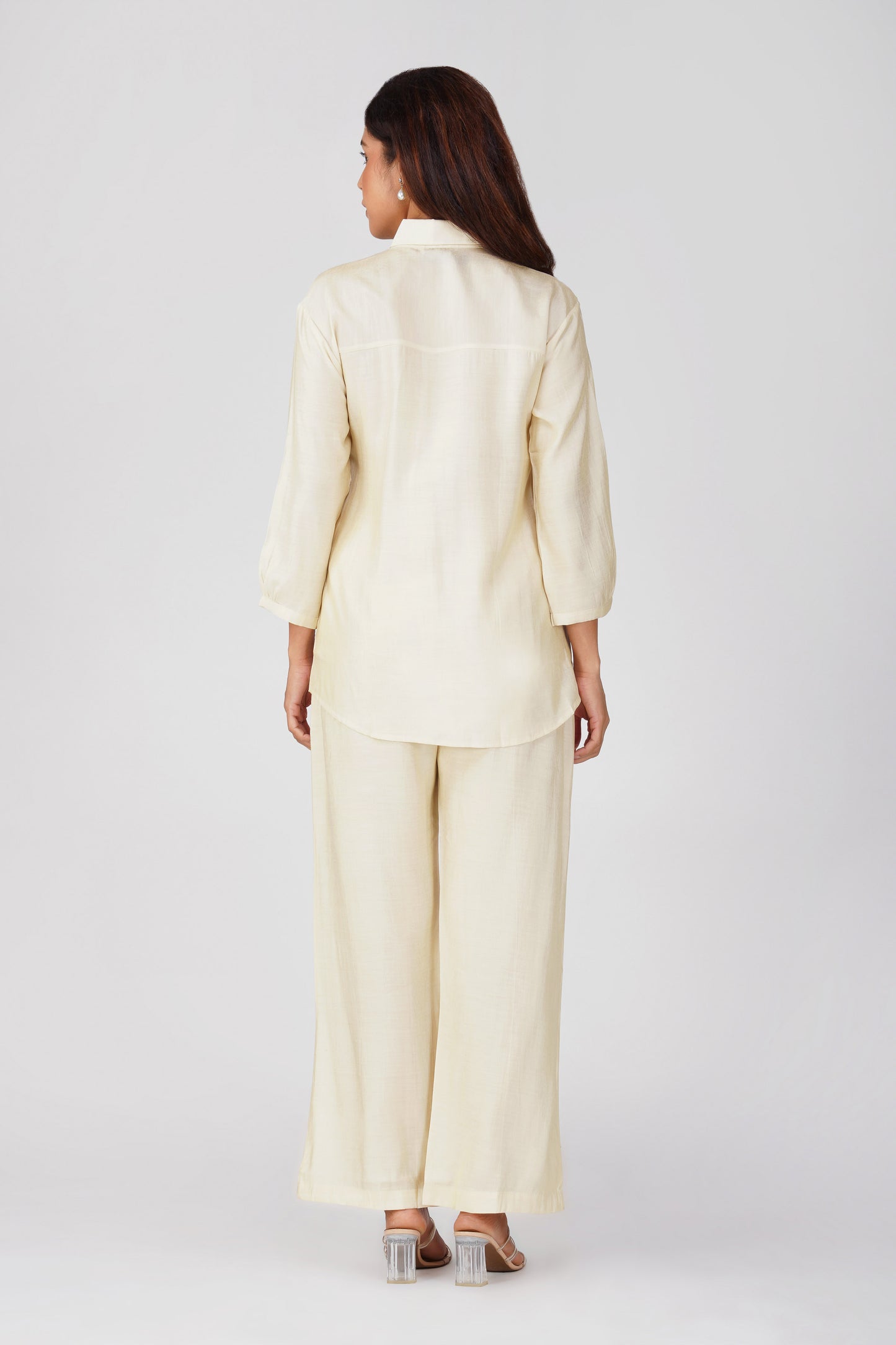 Suhani Ivory Shimmer Shirt & Pants Coord Set with Handwork Yoke | Bindigasm