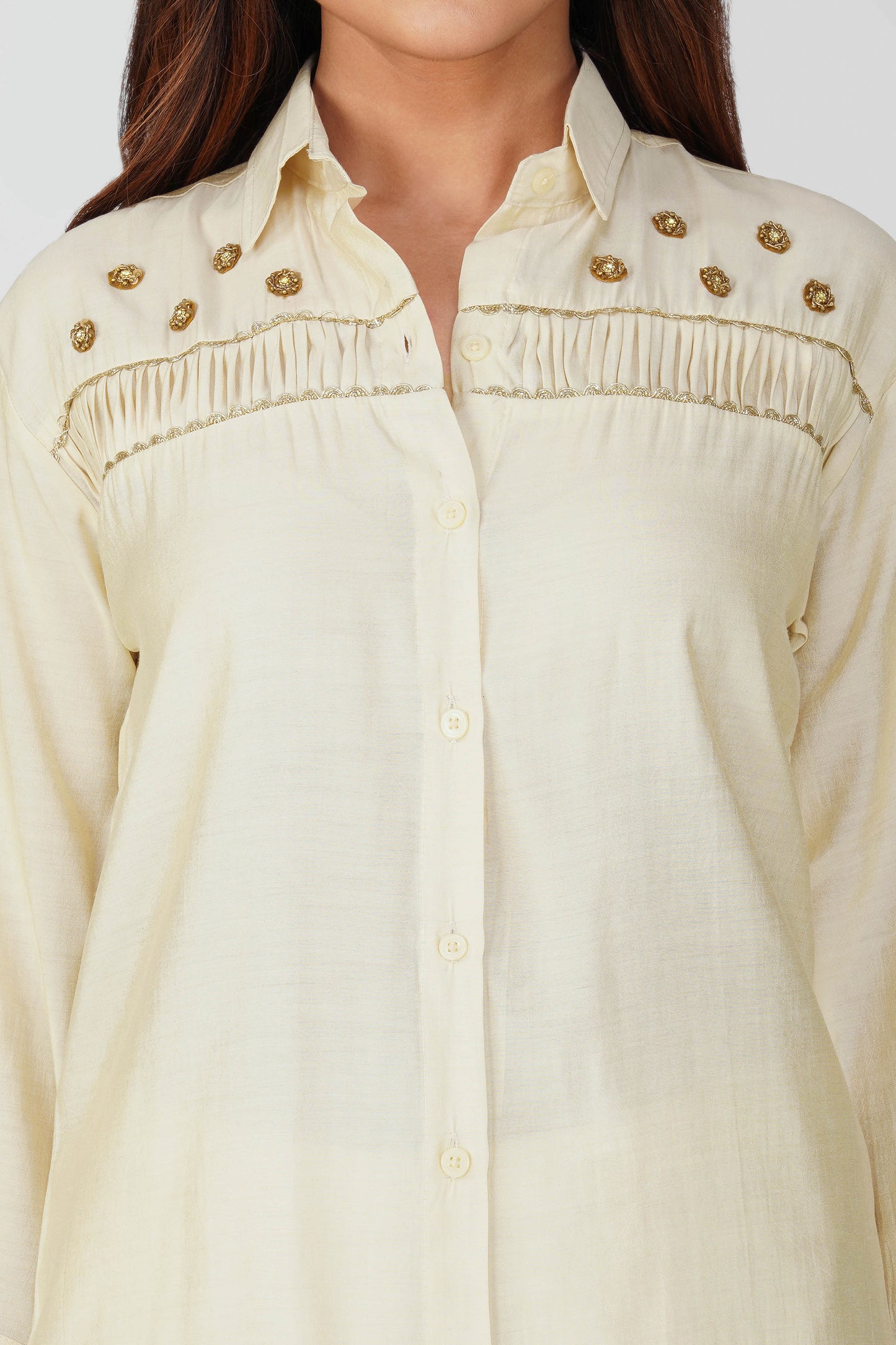Suhani Ivory Shimmer Shirt & Pants Coord Set with Handwork Yoke | Bindigasm