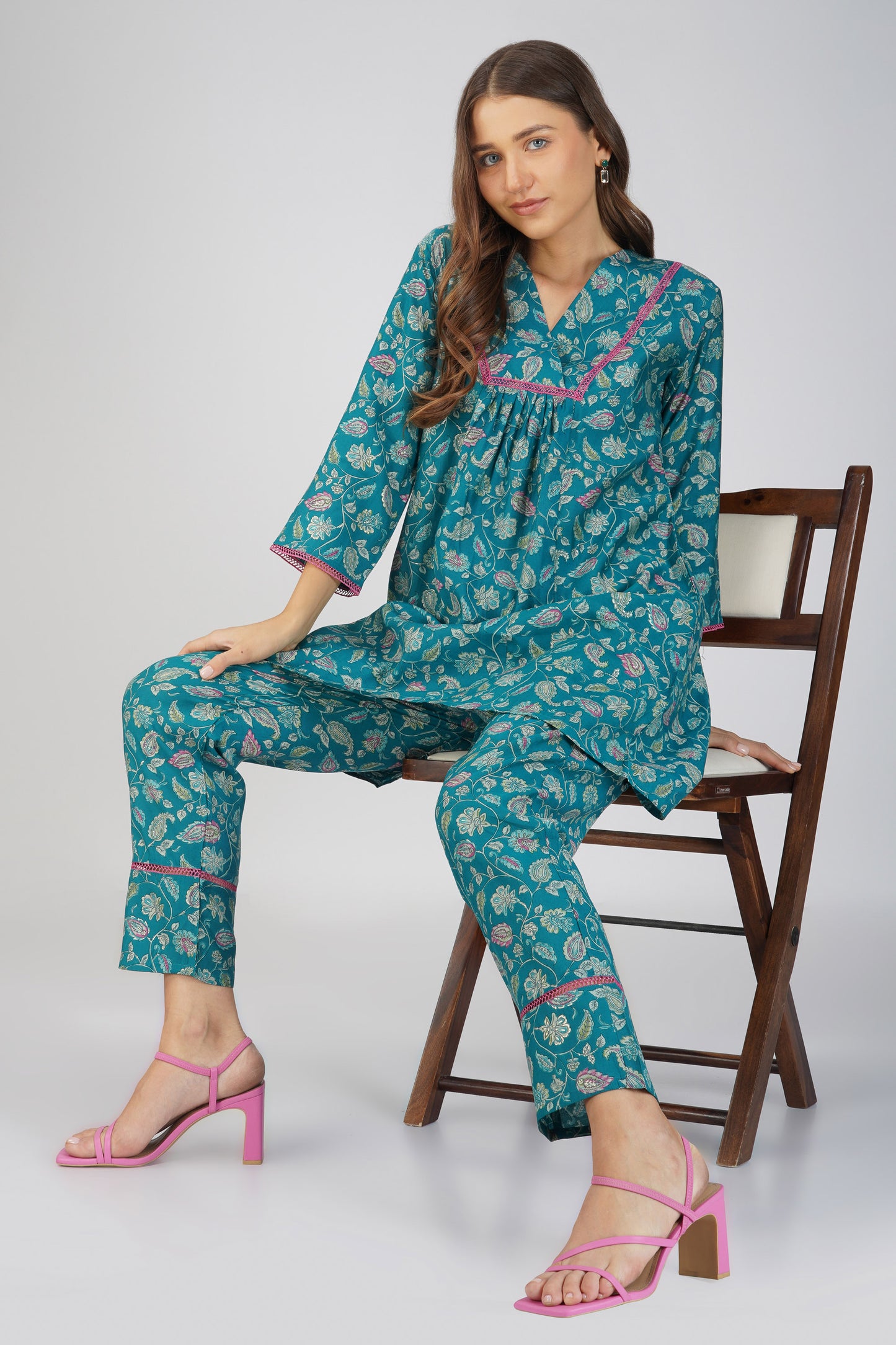 Peacock Green Paisley Co-ord Set β Flared Modal Chanderi Kurta with Pants