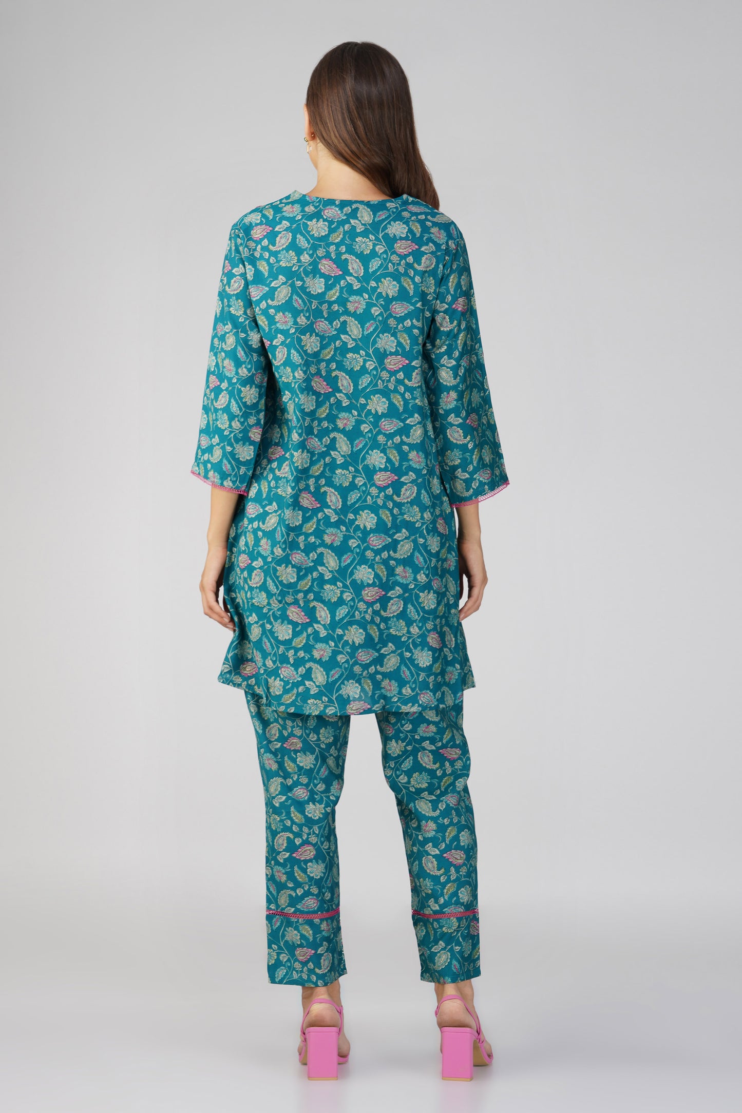 Peacock Green Paisley Co-ord Set β Flared Modal Chanderi Kurta with Pants