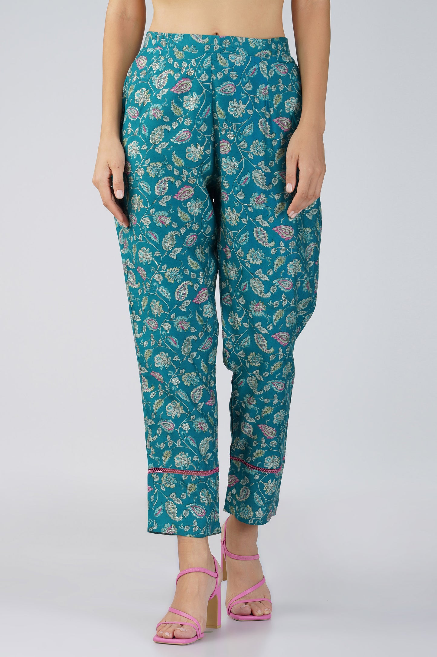 Peacock Green Paisley Co-ord Set β Flared Modal Chanderi Kurta with Pants