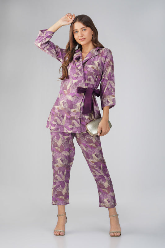 Akira Jacket Co-ord Set – Purple Chanderi with Floral Brooch & Silk Belt