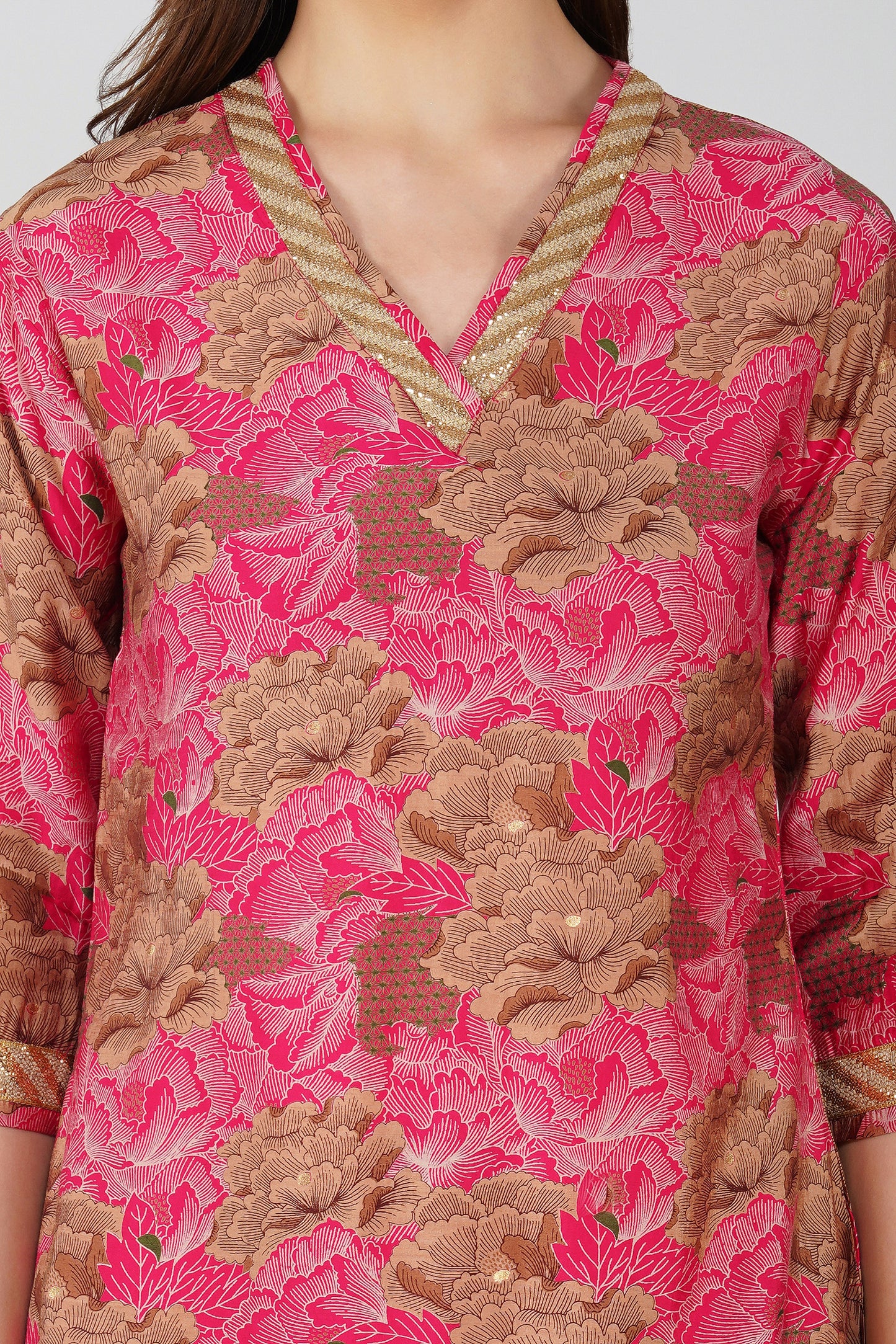 Kiara Co-ord Set β Rani Pink Floral Kurta with Sequin Jute Lace & Matching Palazzos (2-Piece Set)