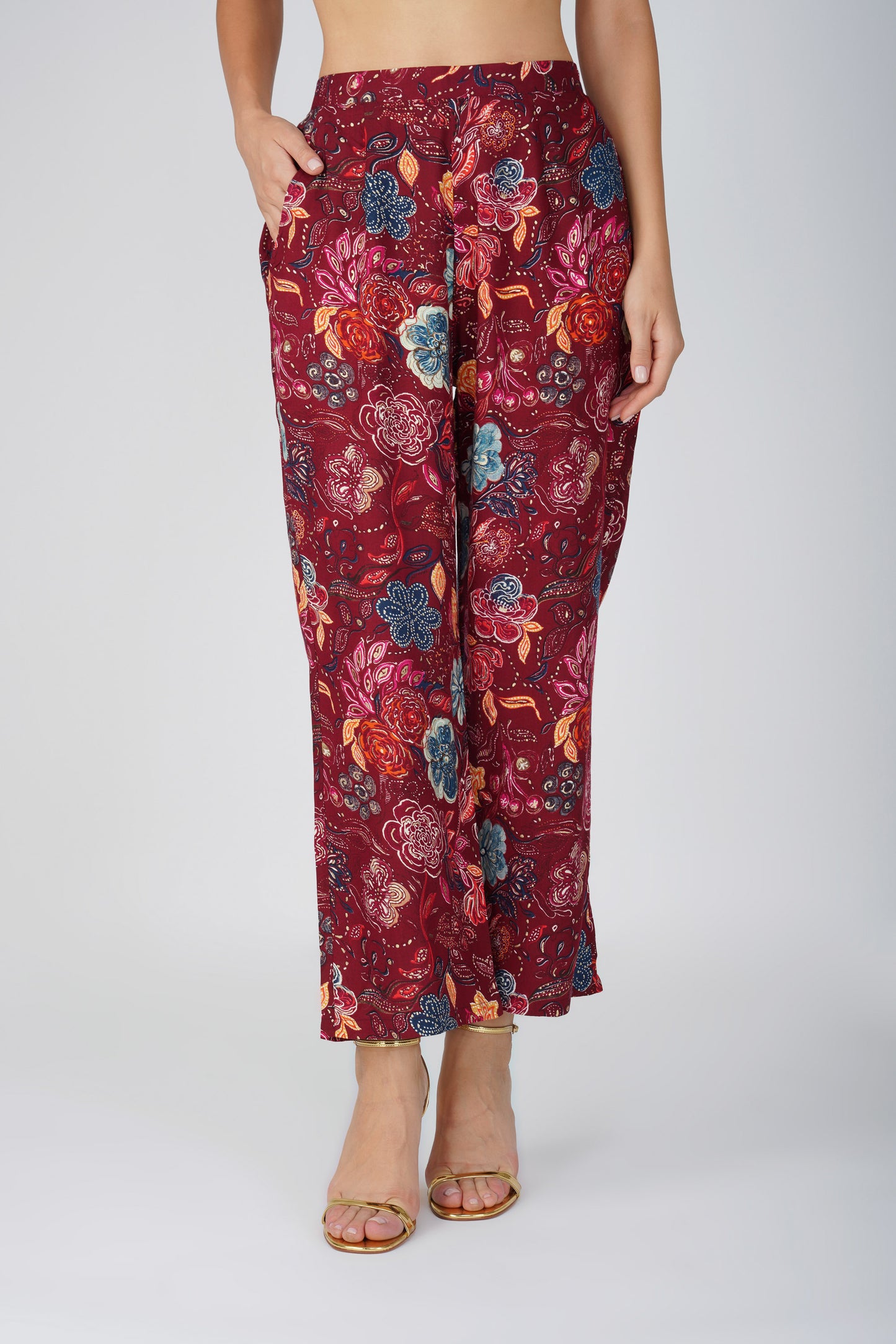 Maroon Floral Shirt Co-ord Set – Gold Highlights & Contrast Lace Detail