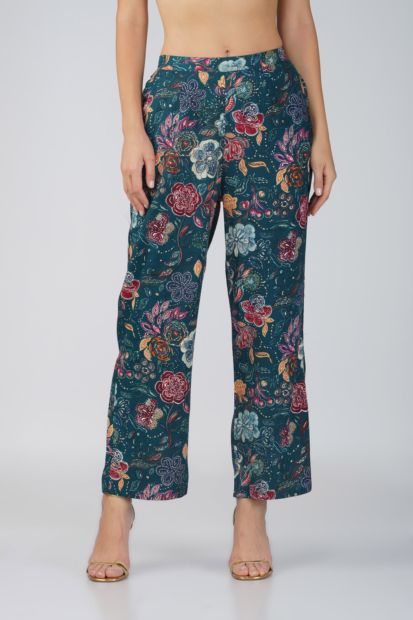 Peacock Floral Shirt Co-ord Set – Gold Highlights & Contrast Lace Detail