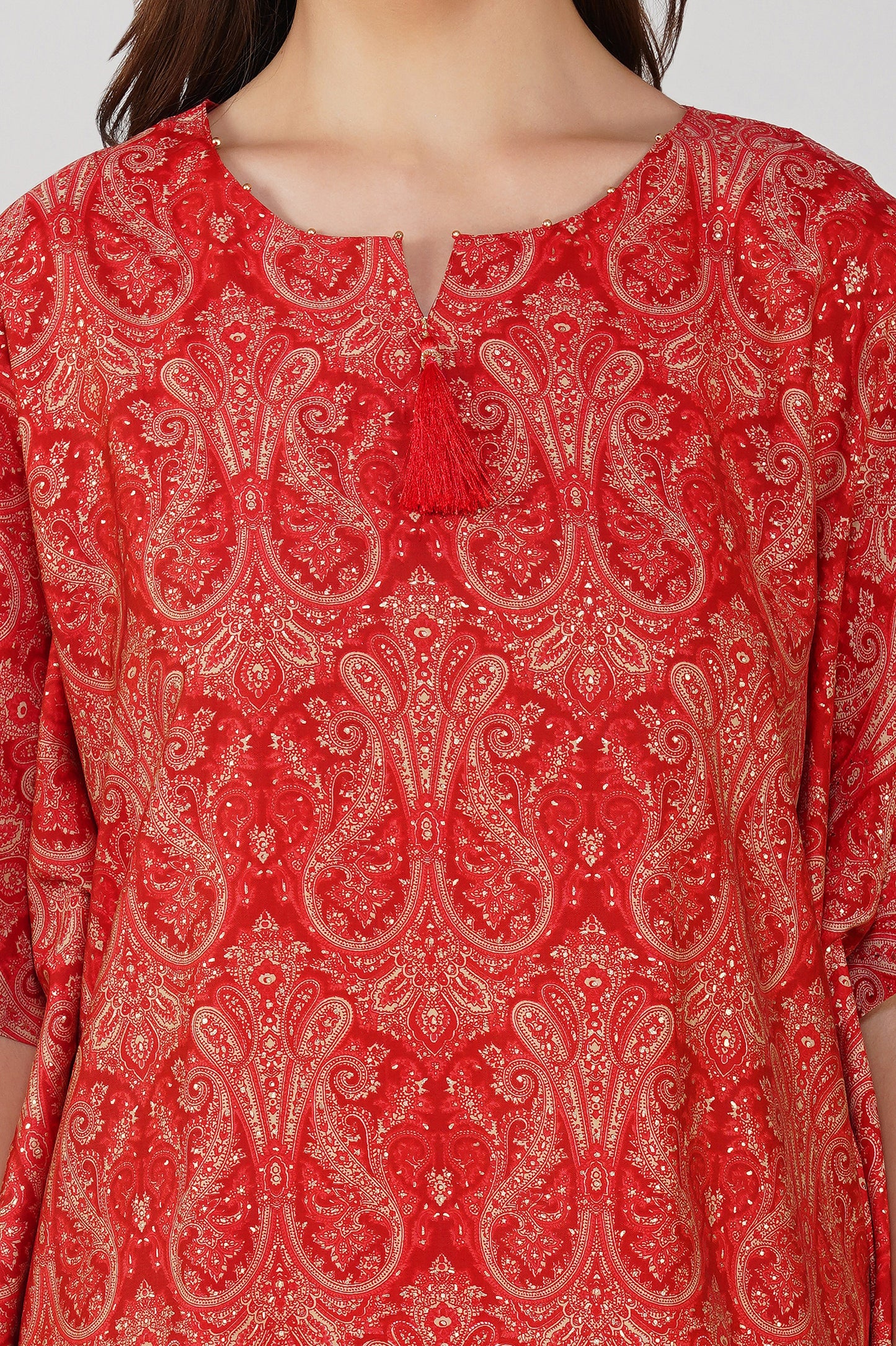 Kulfi Co-ord Set – Red Paisley Kaftan with Pearl Detail & Solid Pants (2-Piece Set)