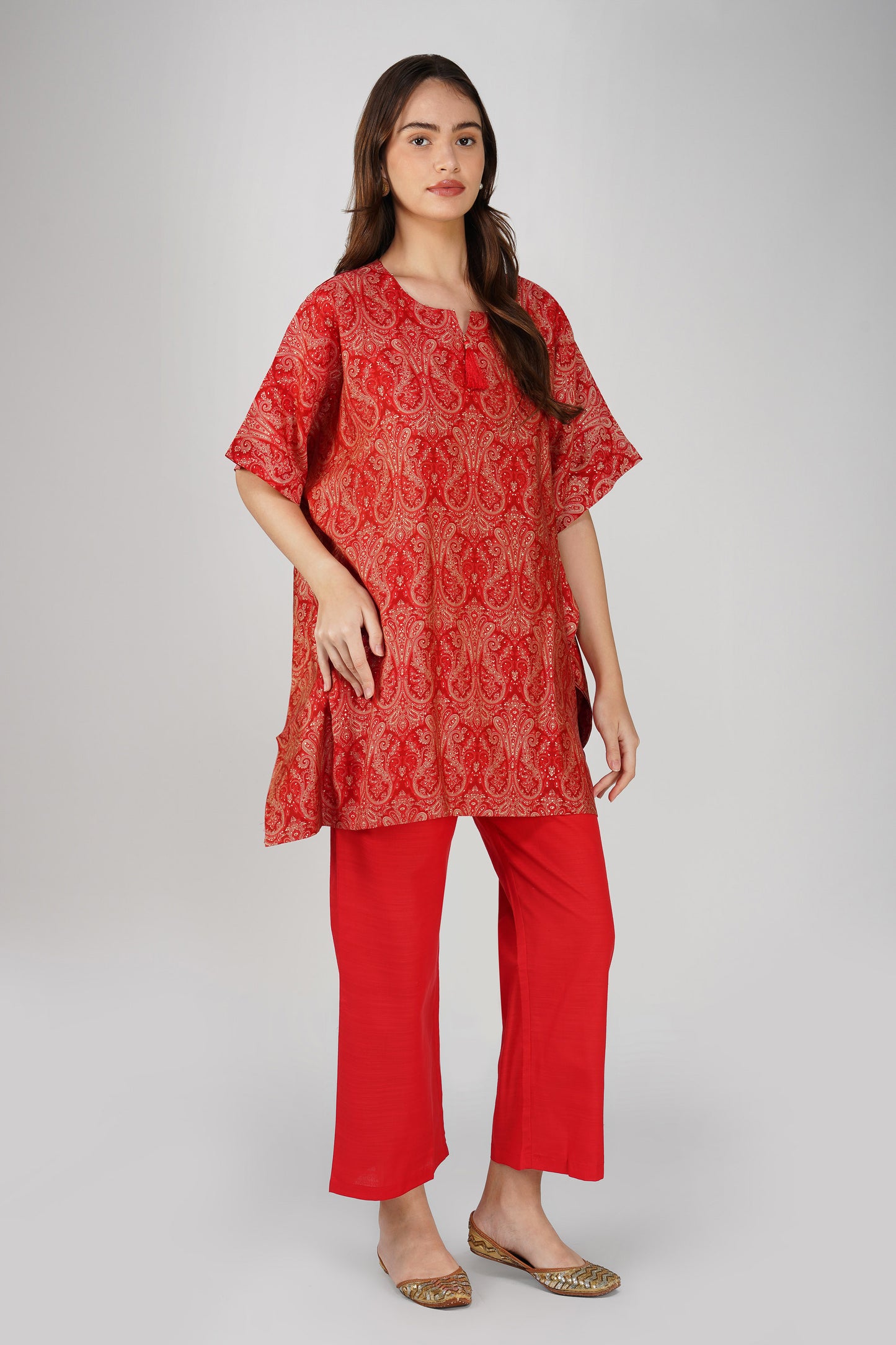 Kulfi Co-ord Set – Red Paisley Kaftan with Pearl Detail & Solid Pants (2-Piece Set)