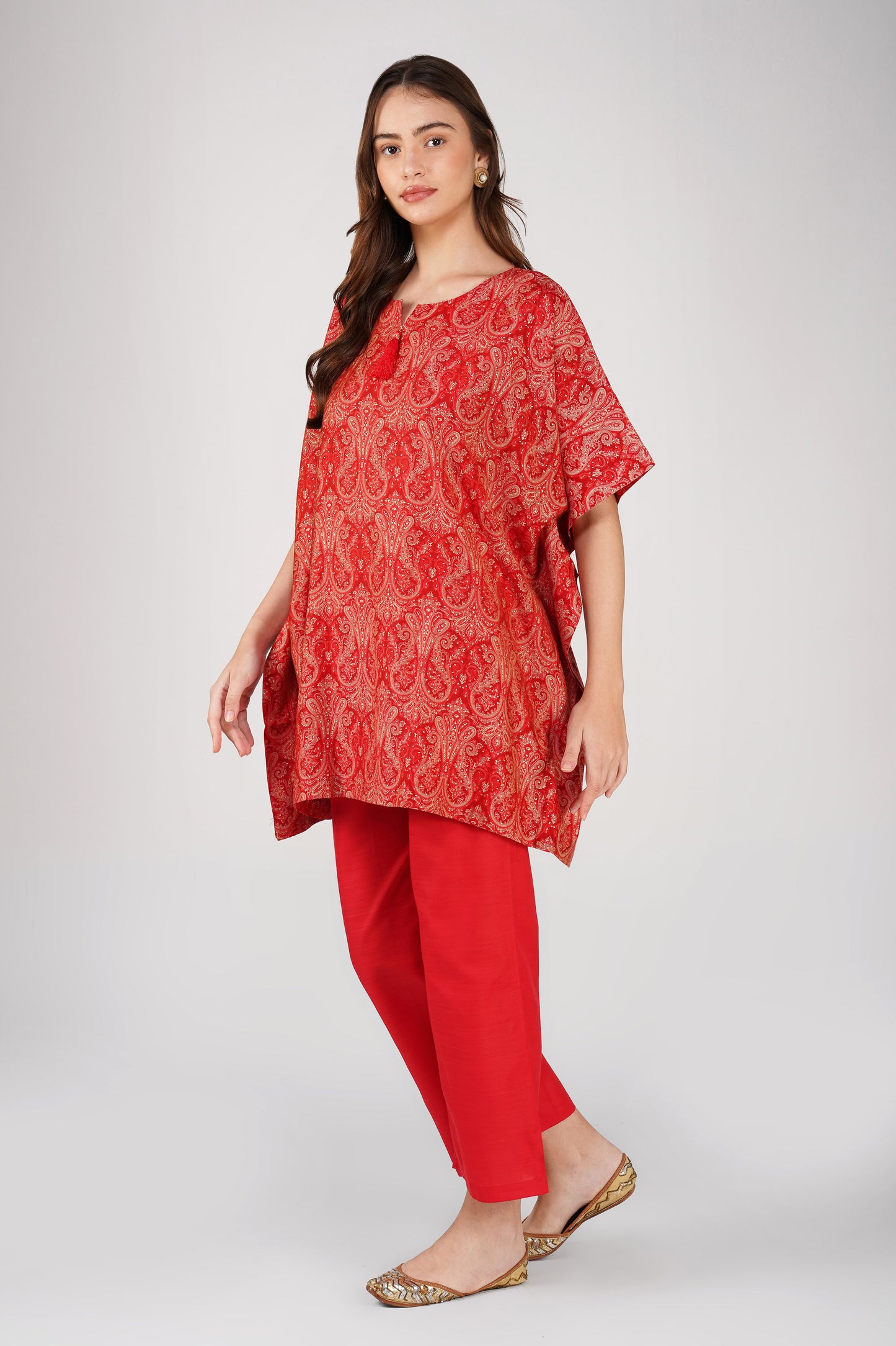 Kulfi Co-ord Set – Red Paisley Kaftan with Pearl Detail & Solid Pants (2-Piece Set)