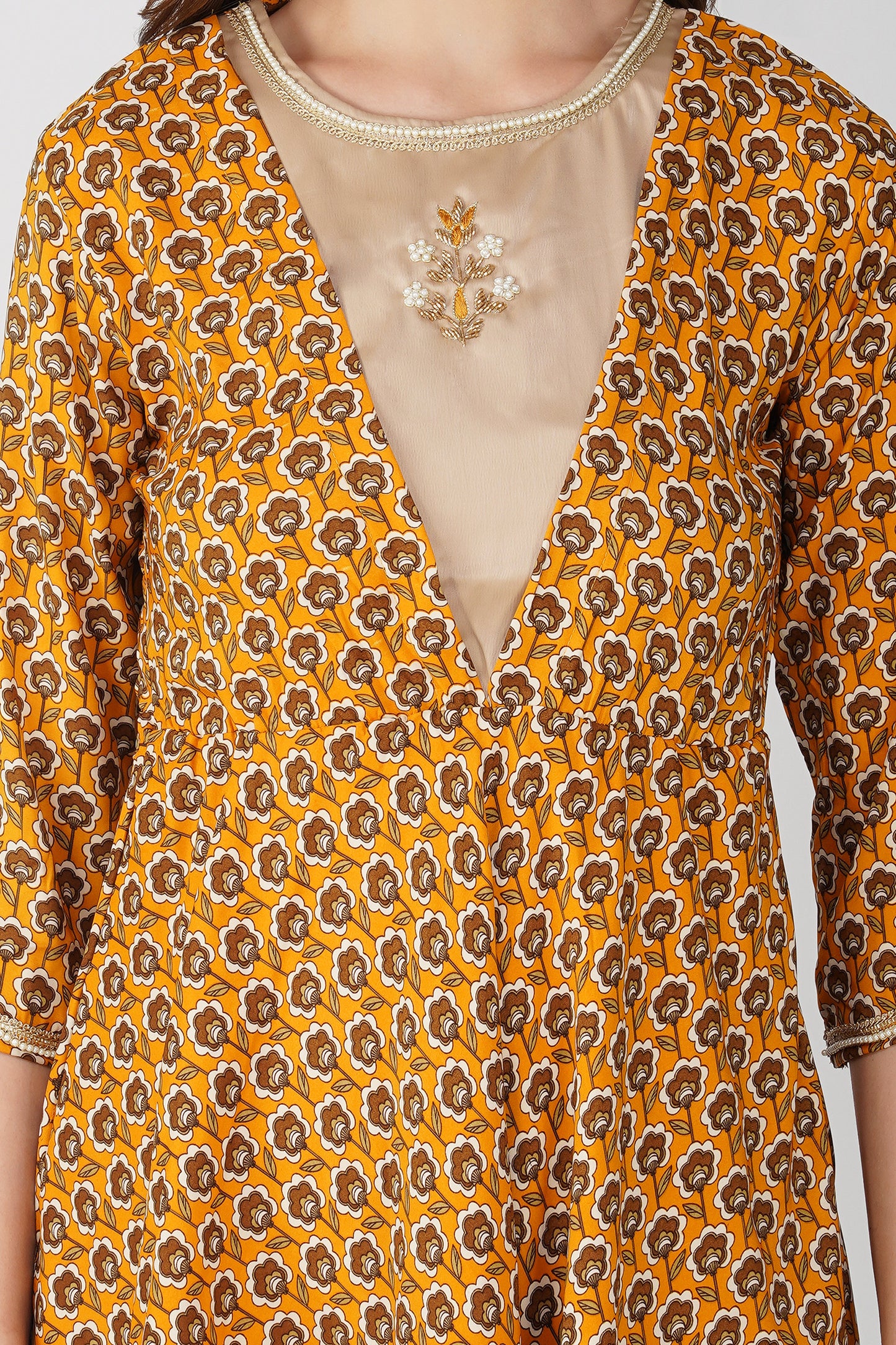 Piya Co-ord Set – Mustard Ethnic Printed Peplum with Handwork & Beige Satin Palazzos (2-Piece Set)