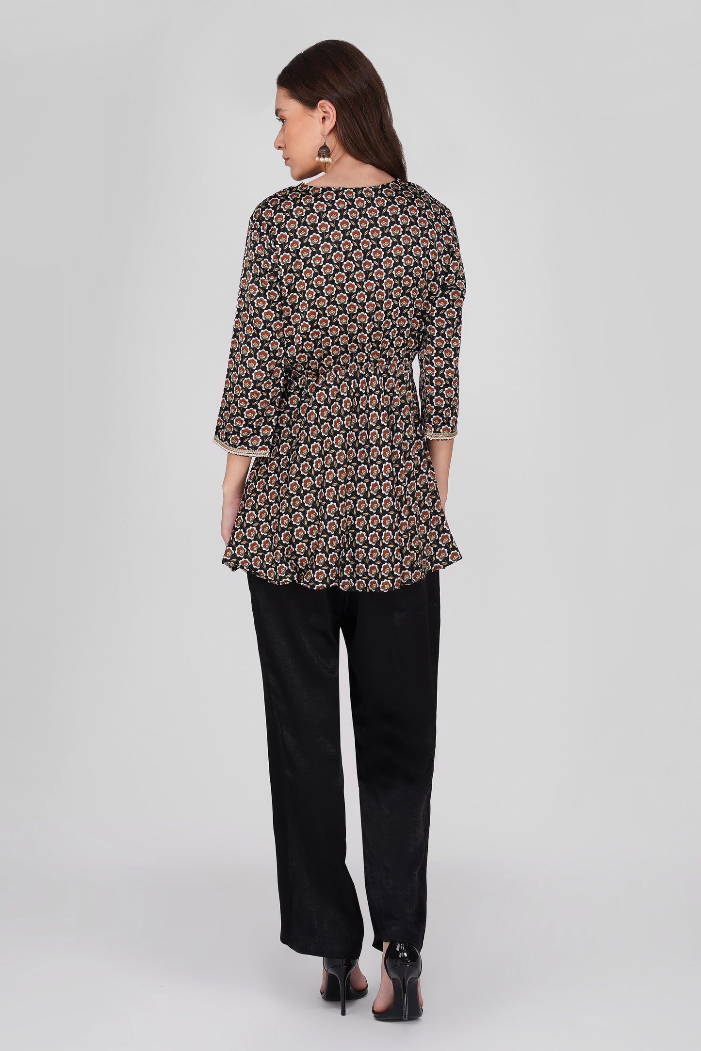 Piya Co-ord Set – Black Ethnic Printed Peplum with Handwork & Solid Satin Palazzos (2-Piece Set)