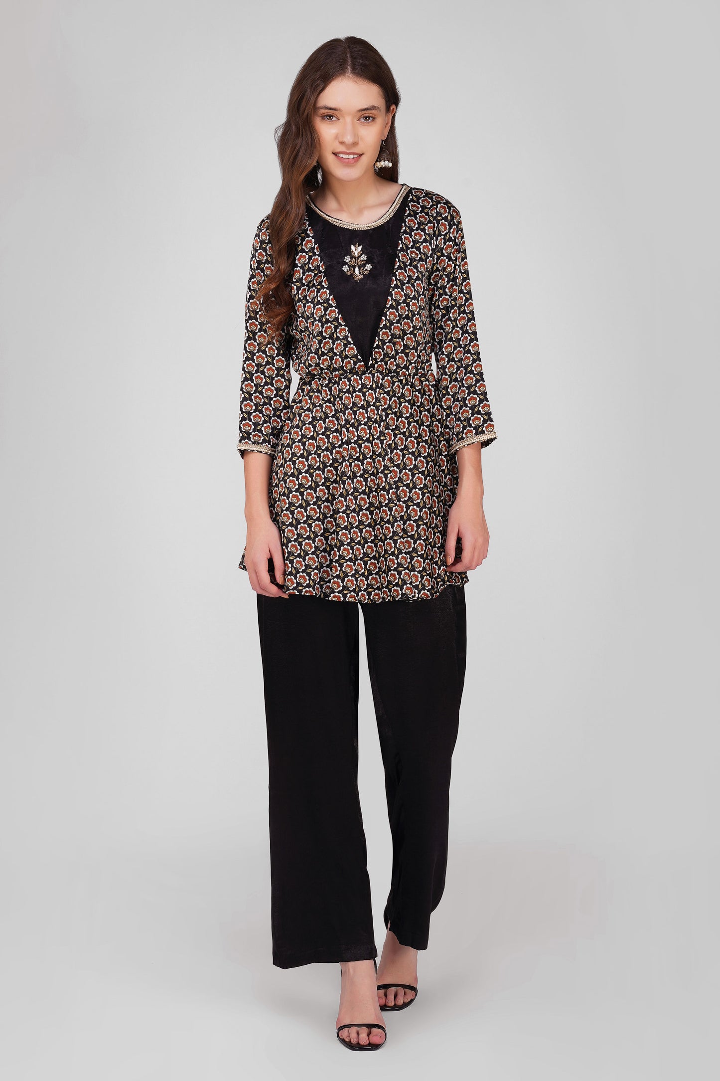 Piya Co-ord Set – Black Ethnic Printed Peplum with Handwork & Solid Satin Palazzos (2-Piece Set)