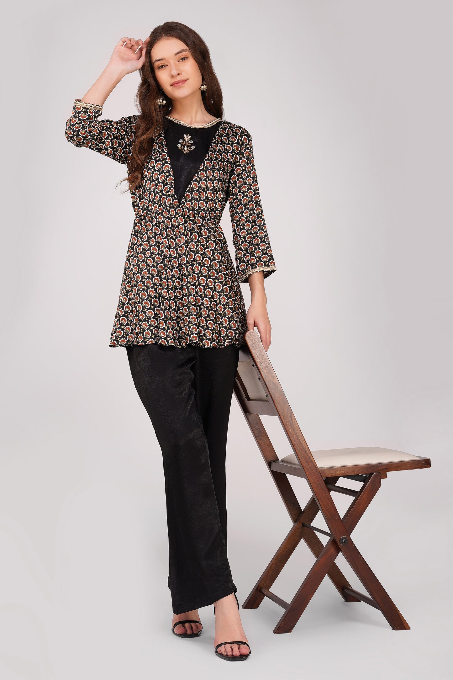 Piya Co-ord Set – Black Ethnic Printed Peplum with Handwork & Solid Satin Palazzos (2-Piece Set)