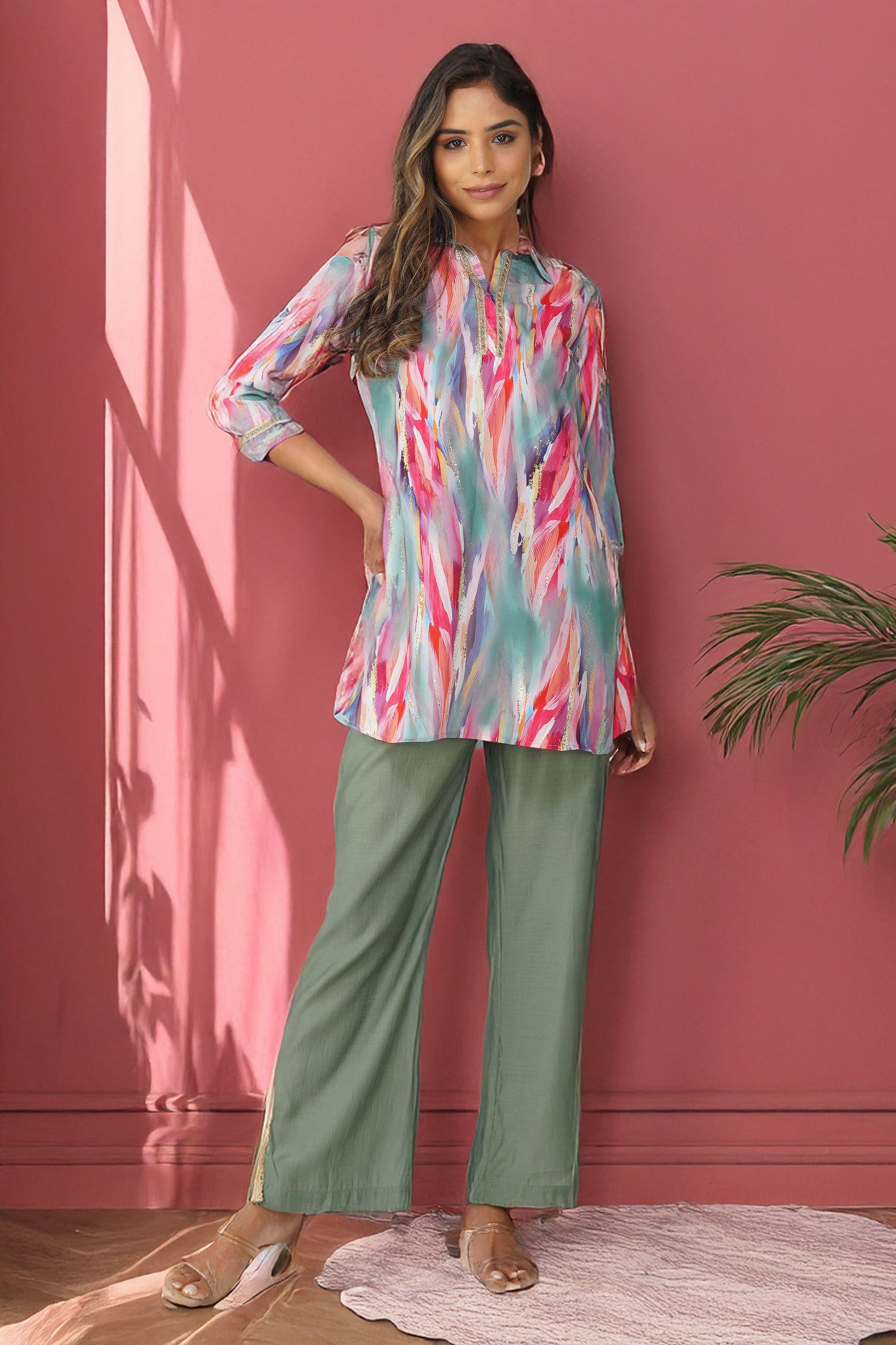 Paint Brush Satin Coord Set โ Coral Teal Mirage