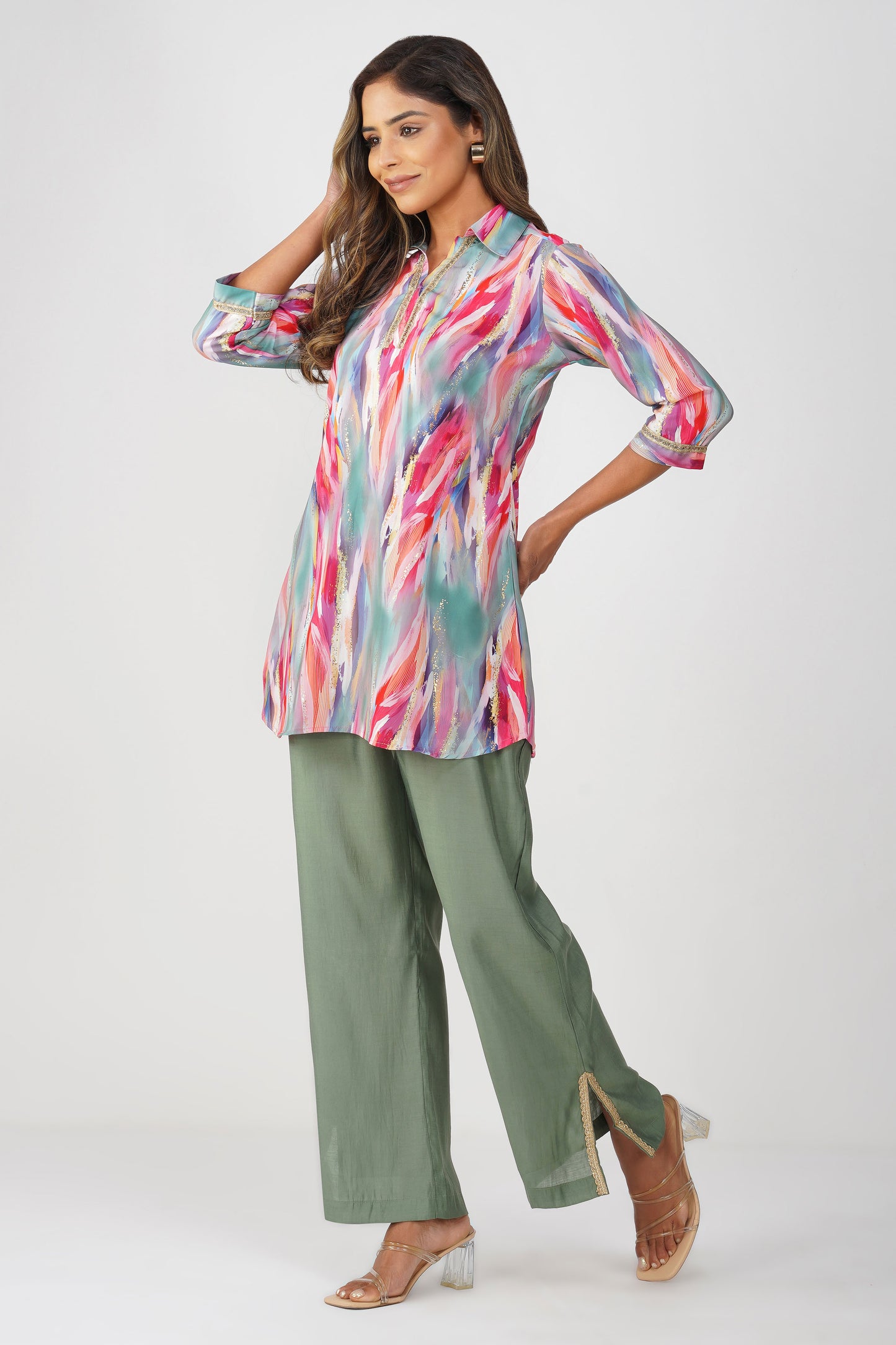 Paint Brush Satin Coord Set โ Coral Teal Mirage